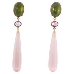 18K Rose Gold Drop Earrings with Olive Hydro Quartz, Amethyst & Optical Quartz
