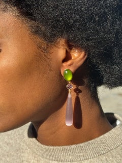 18K Rose Gold Drop Earrings with Olive Hydro Quartz, Amethyst & Optical Quartz