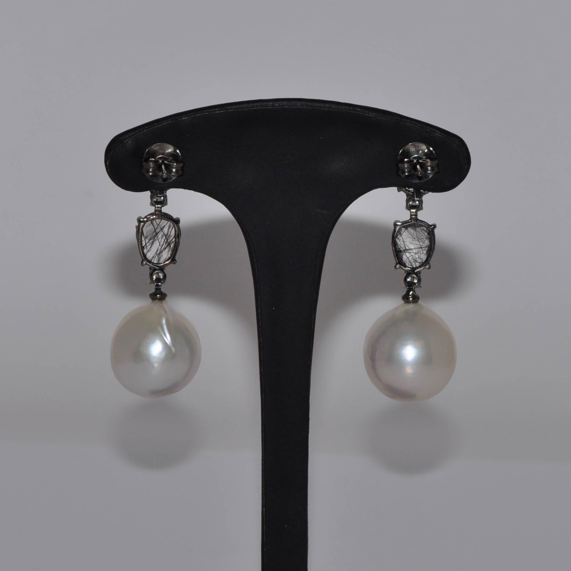 Tourmalines, Quartz, Cultured Pearls and Diamonds Black Gold Earrings In New Condition In Vannes, FR