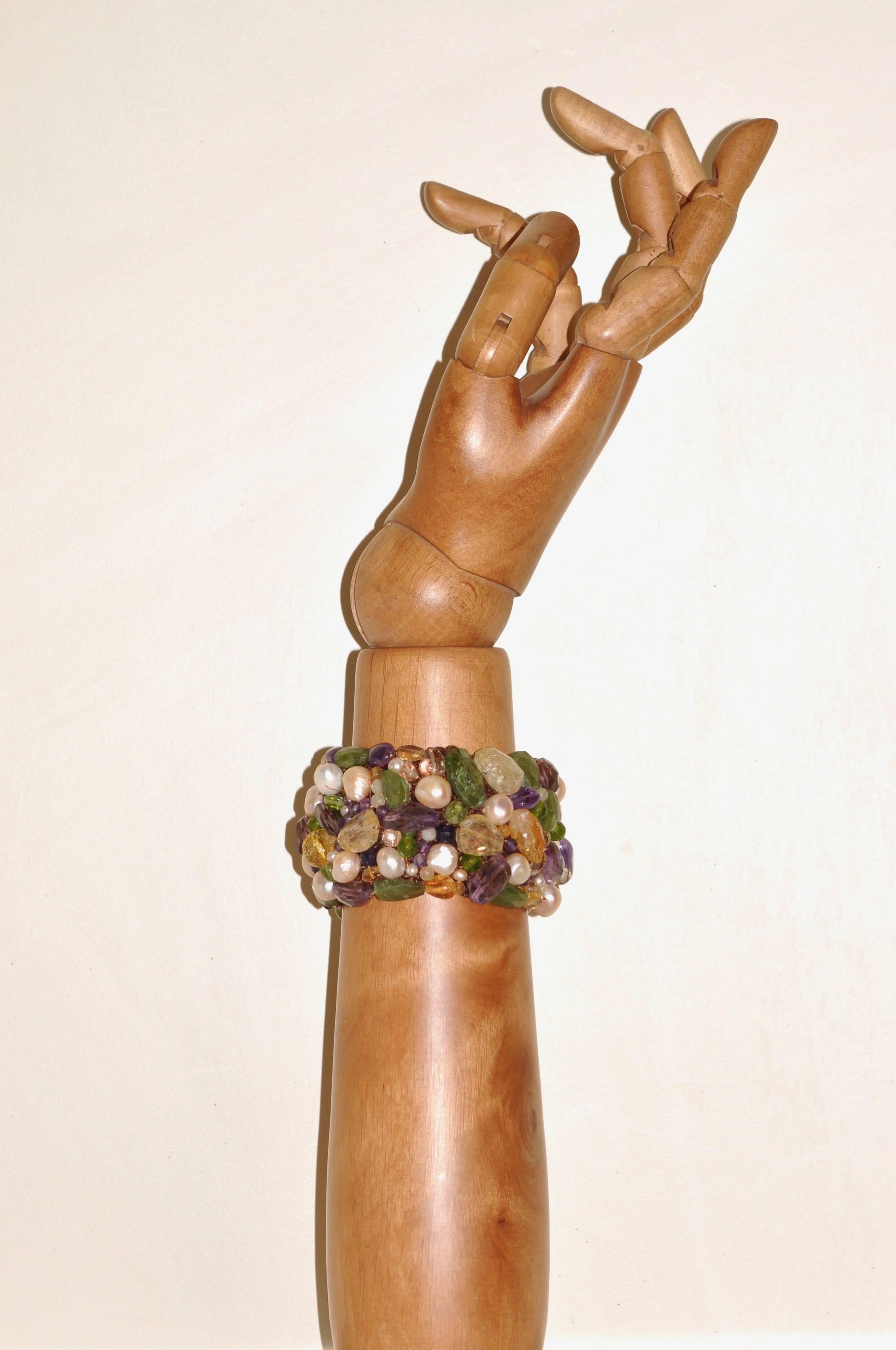 Women's Amethyst Citrine Peridot and Freshwater Pearls Artisanal Cuff Bracelet