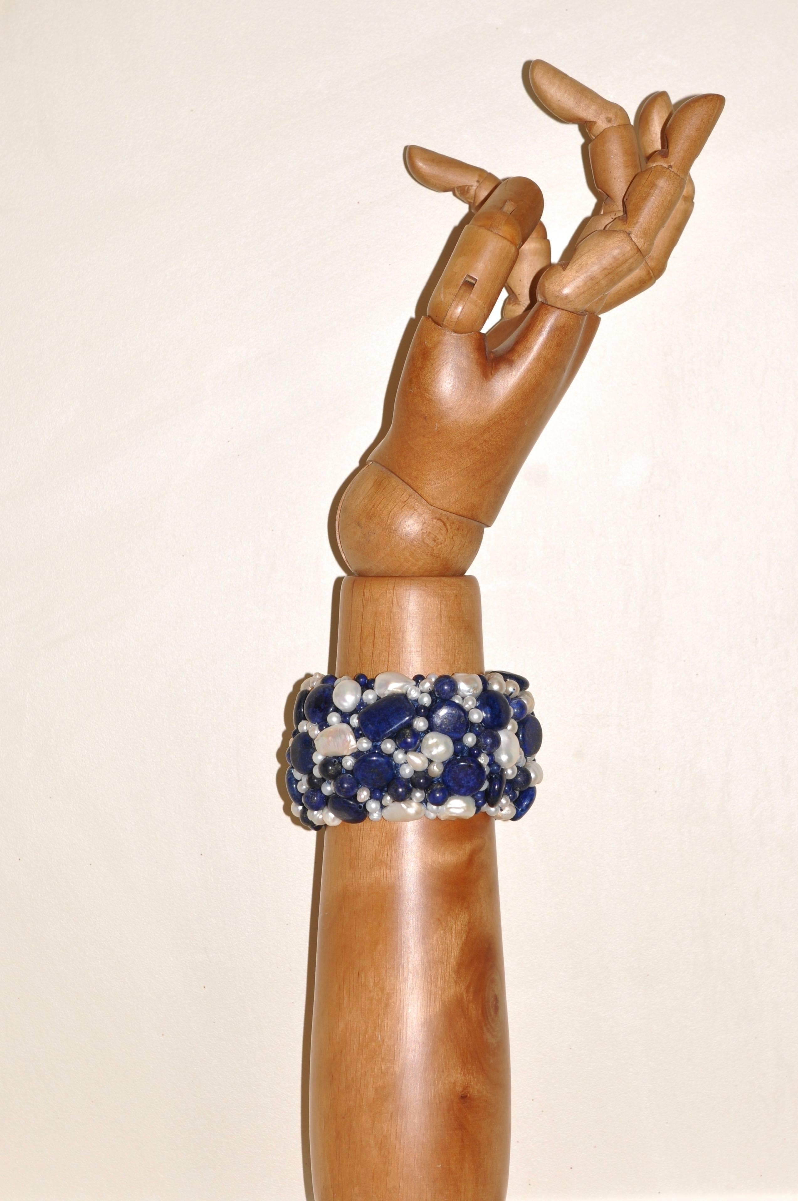 Women's Lapis Lazuli and Freshwater Pearls Artisanal Cuff Bracelet
