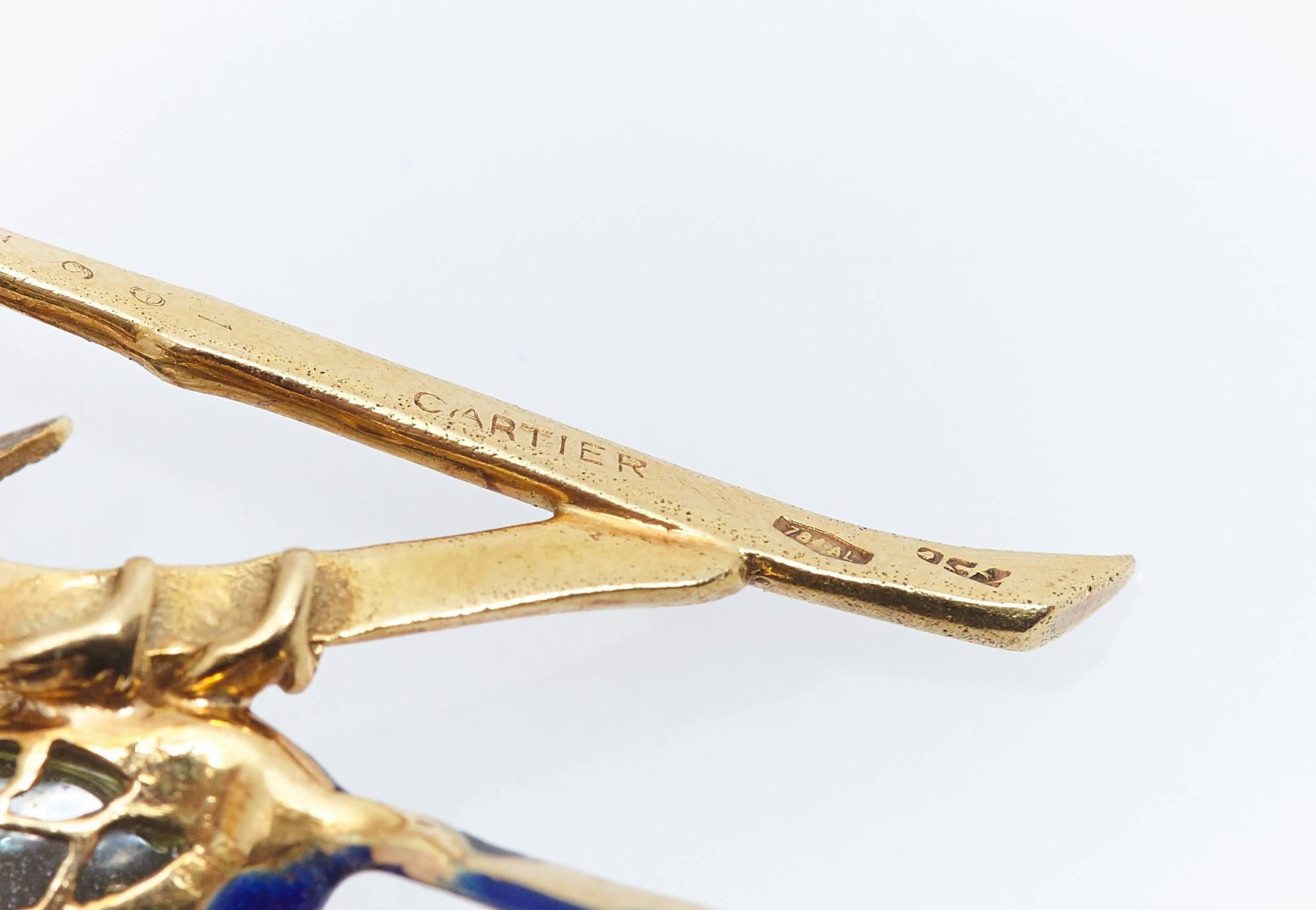 Modern Cartier Enamel Pearl Gold Bird Pin For Sale