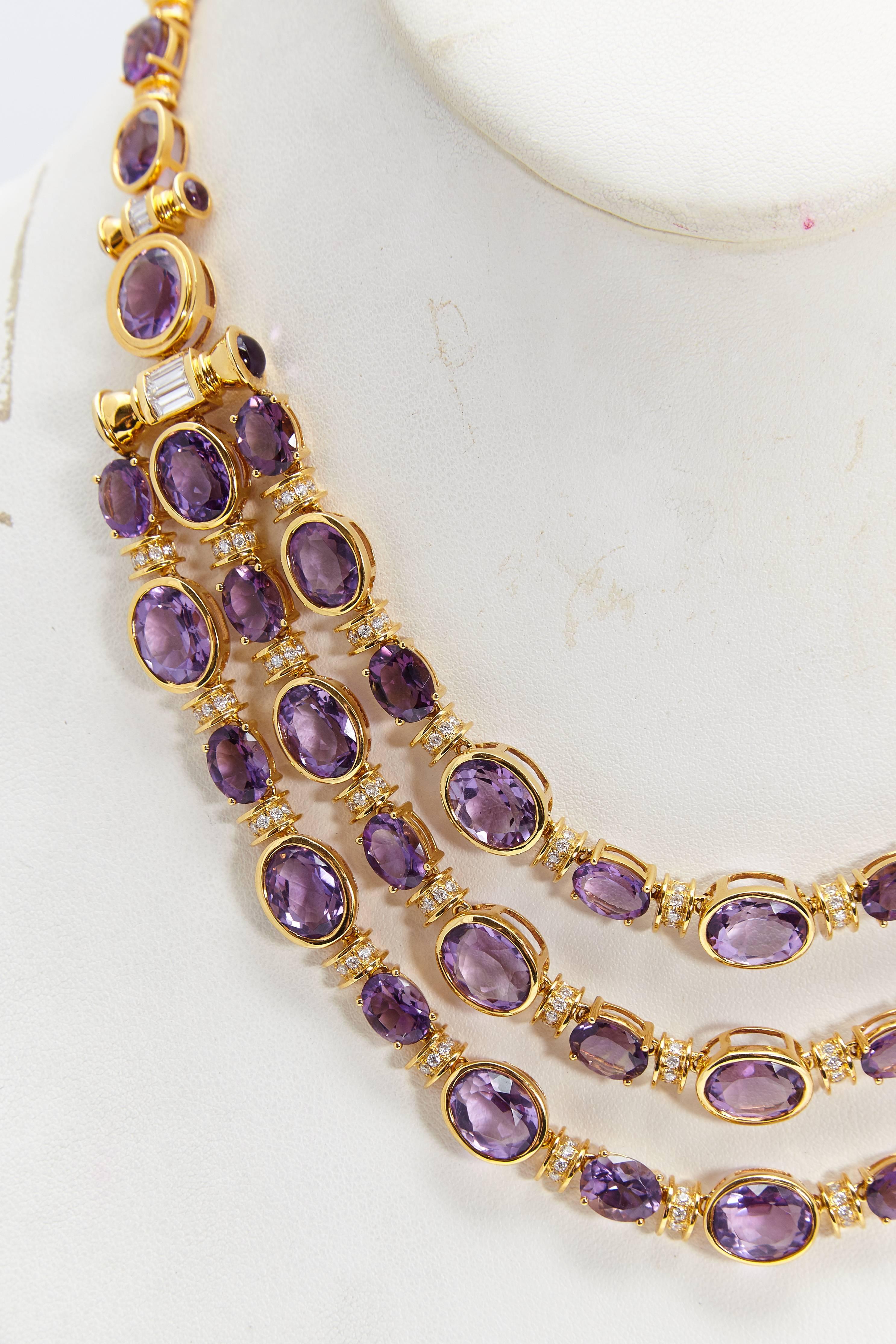 Modern Amethyst and Diamond Gold Necklace  For Sale