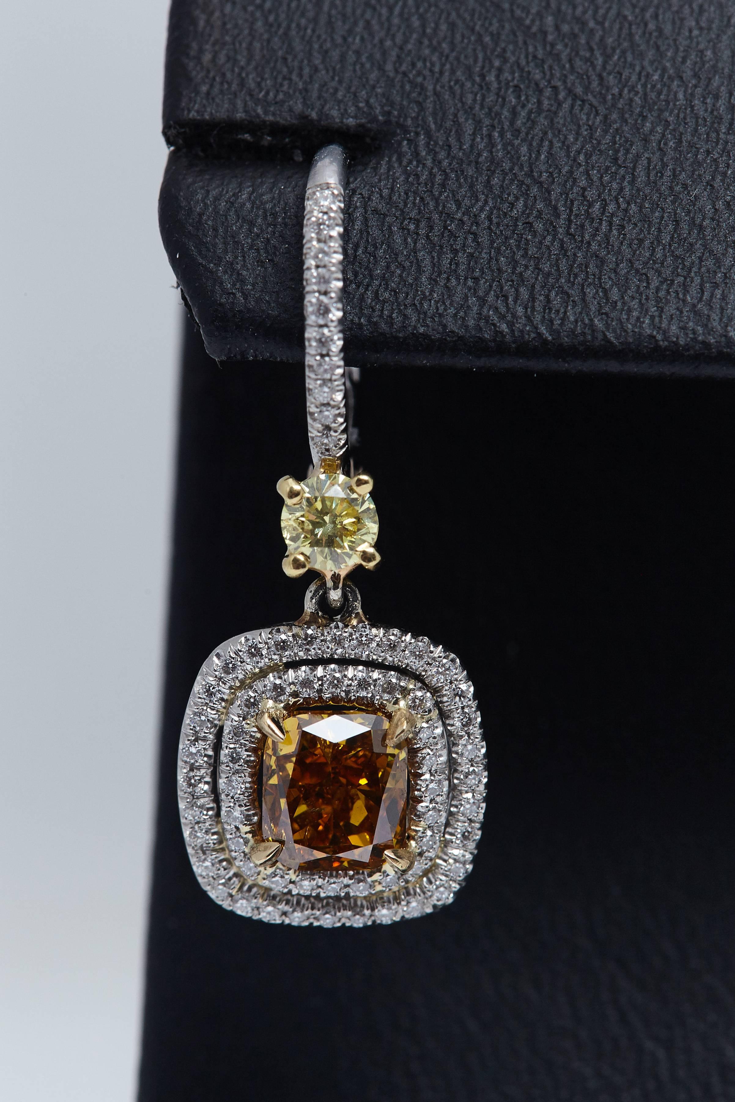Modern Exquisite Fancy Colored Cushion Shaped Diamonds GIA Dangling Halo Earrings For Sale