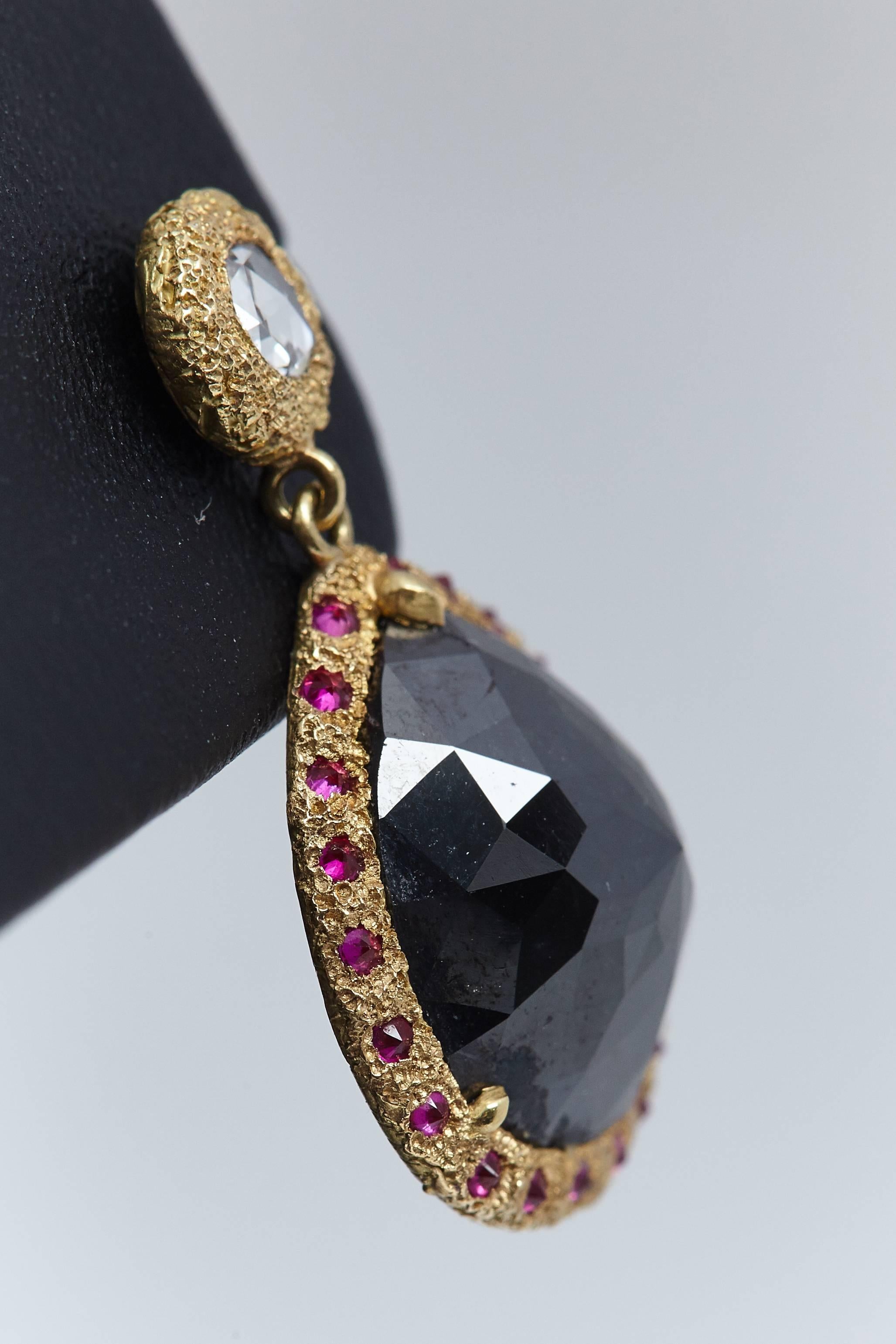 Modern 10 Carat Black Rose Cut Diamond Ruby Gold Earrings For Sale