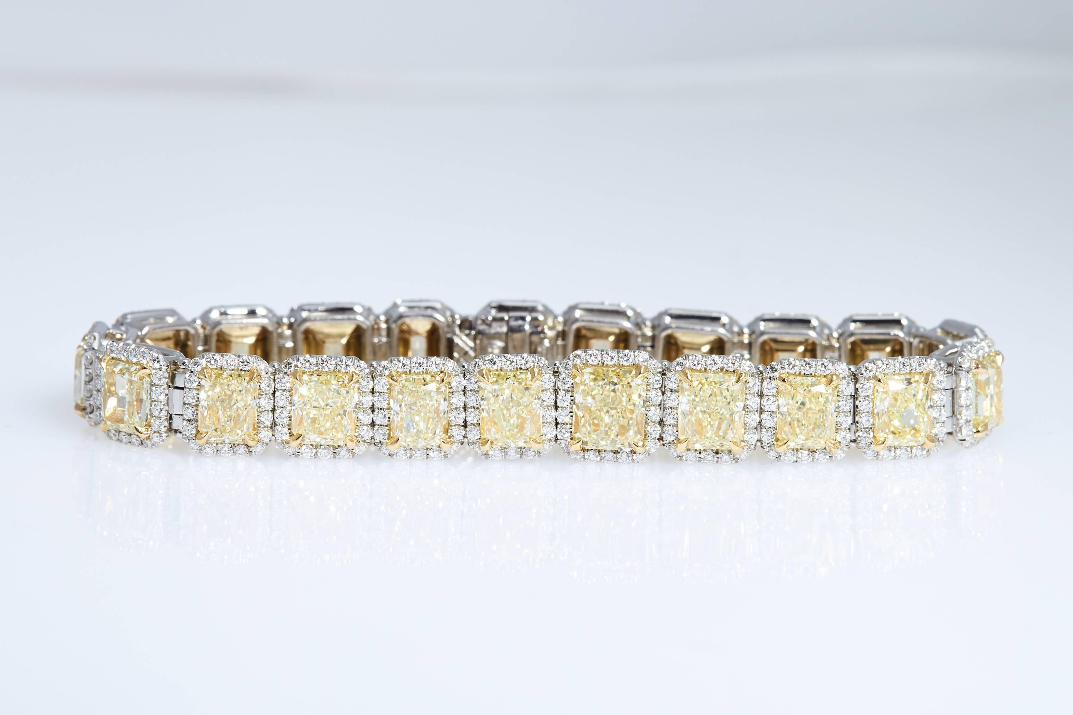 Yellow Radiant Diamonds and White Diamonds Bracelet Platinum and Gold For Sale 2