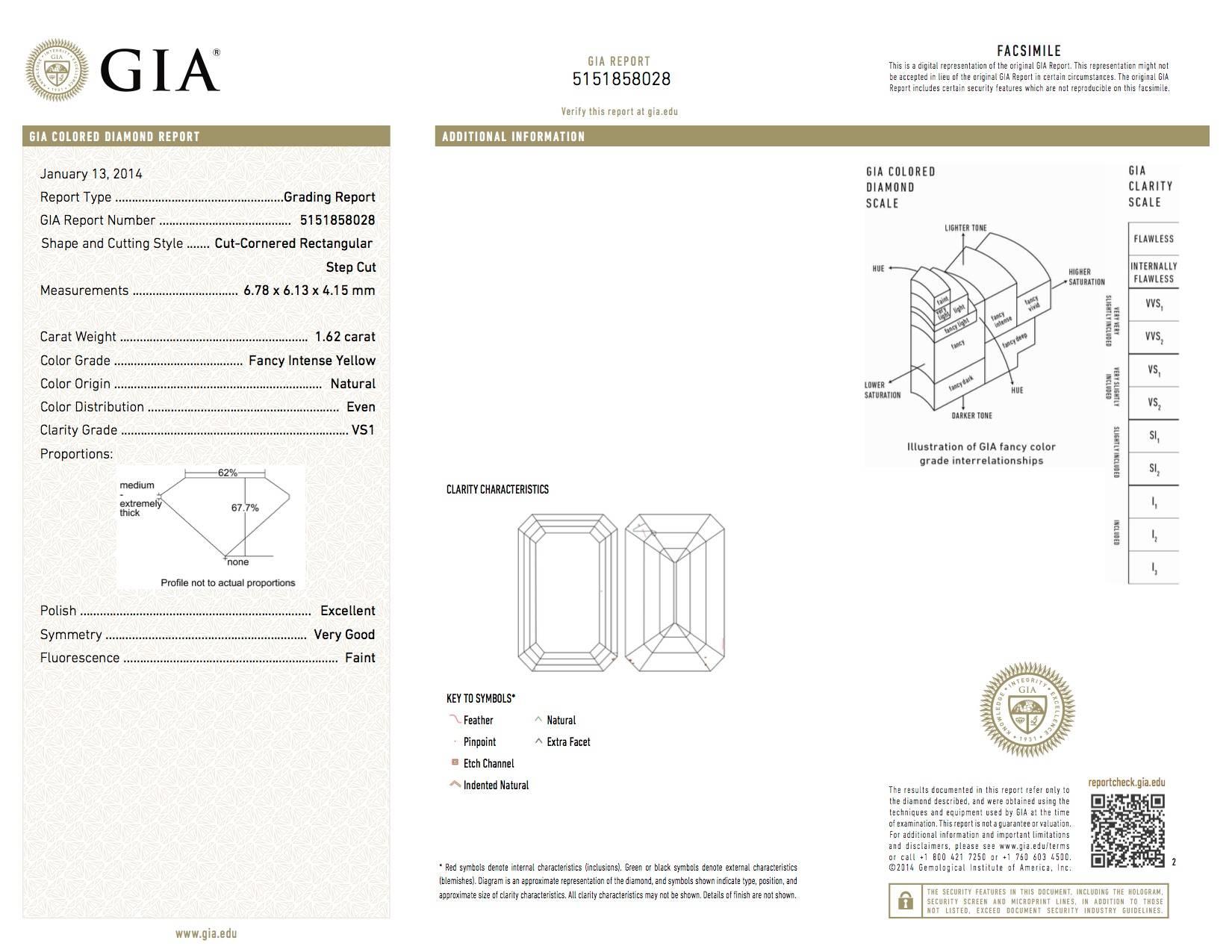 GIA Intense Yellow 1.62 Carat Emerald Cut Diamond Platinum Three-Stone Ring For Sale 1