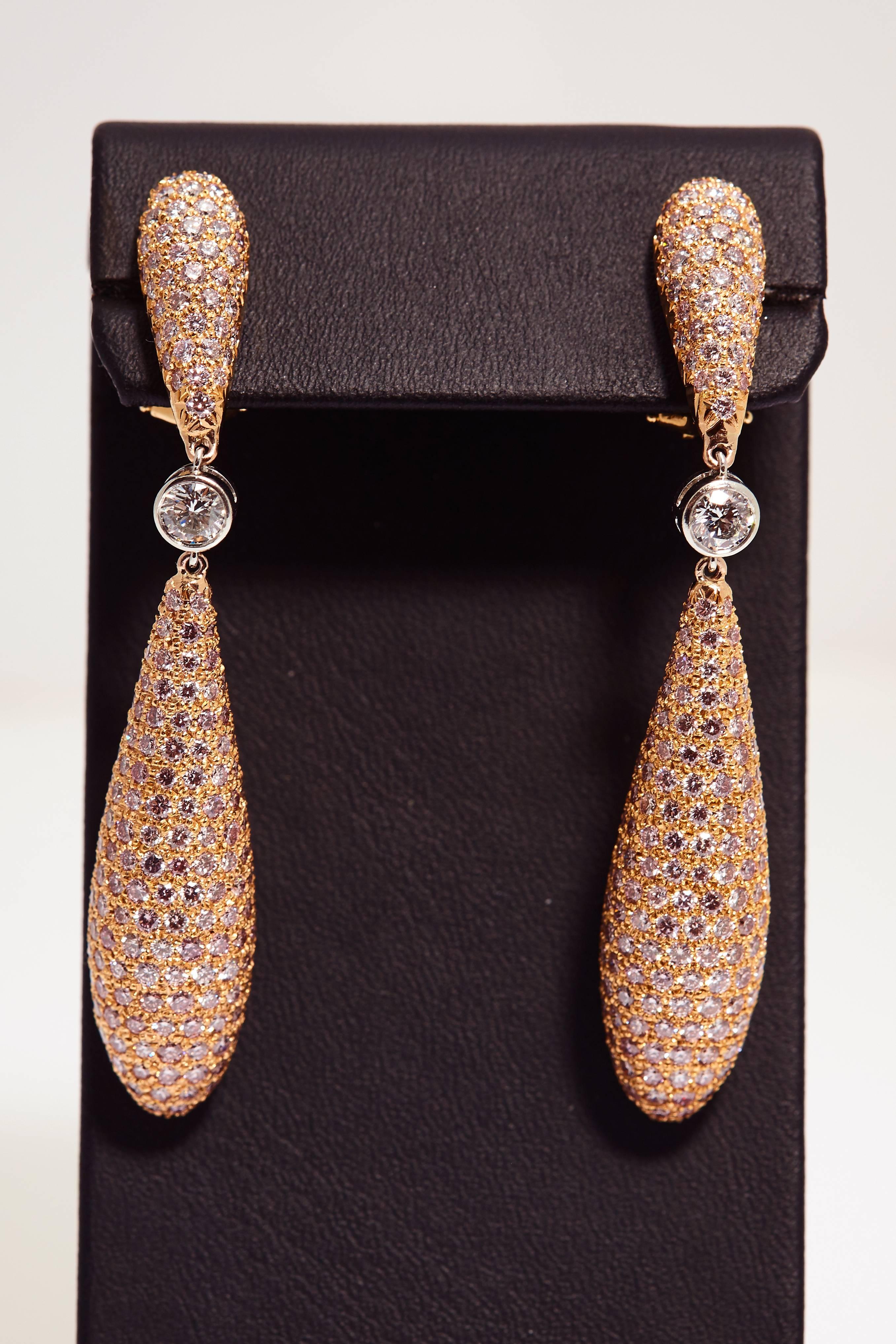 Modern Pink Diamonds in Elongated Rose Gold Teardrop Earrings 11.67 Carat Total For Sale