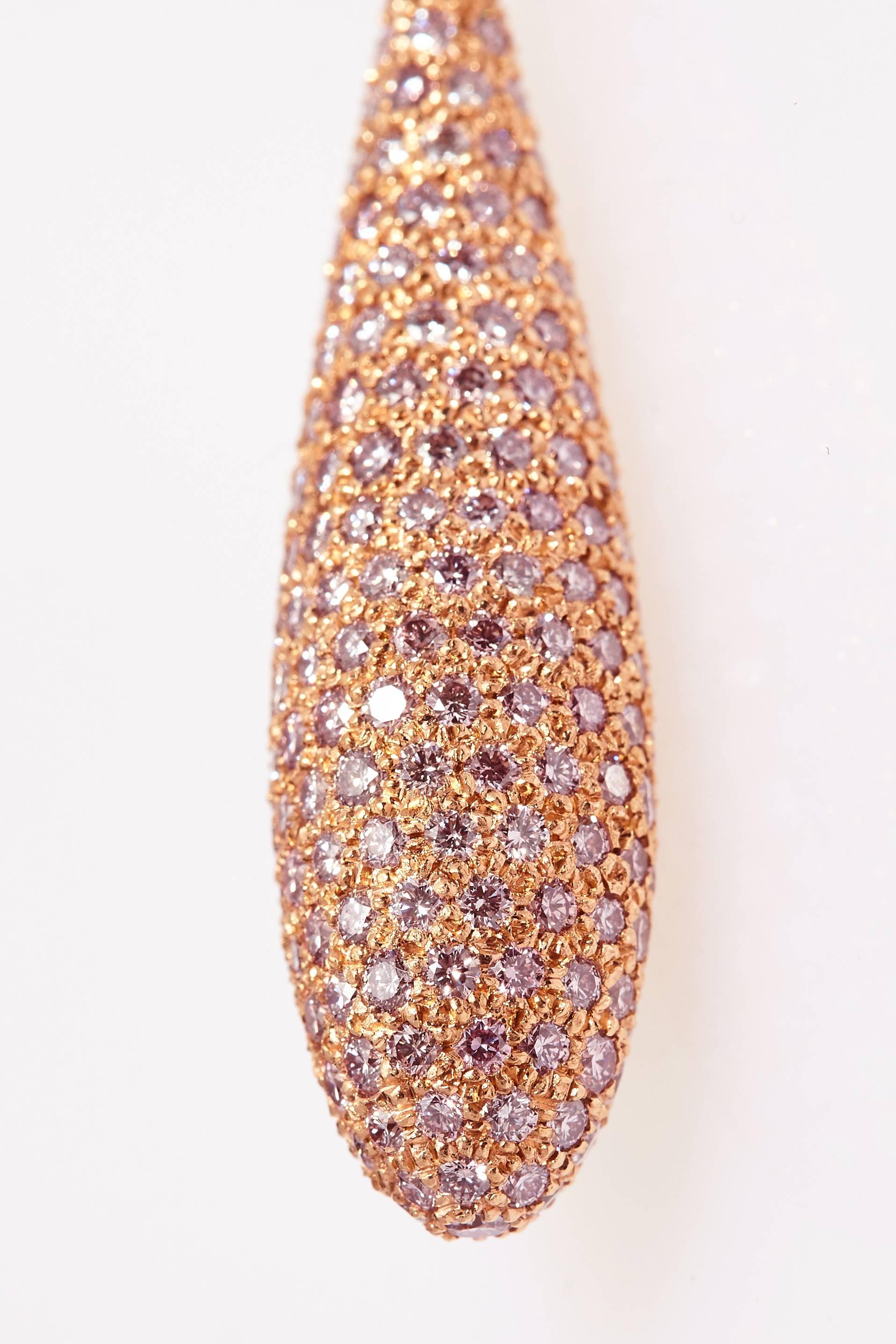 Round Cut Pink Diamonds in Elongated Rose Gold Teardrop Earrings 11.67 Carat Total For Sale
