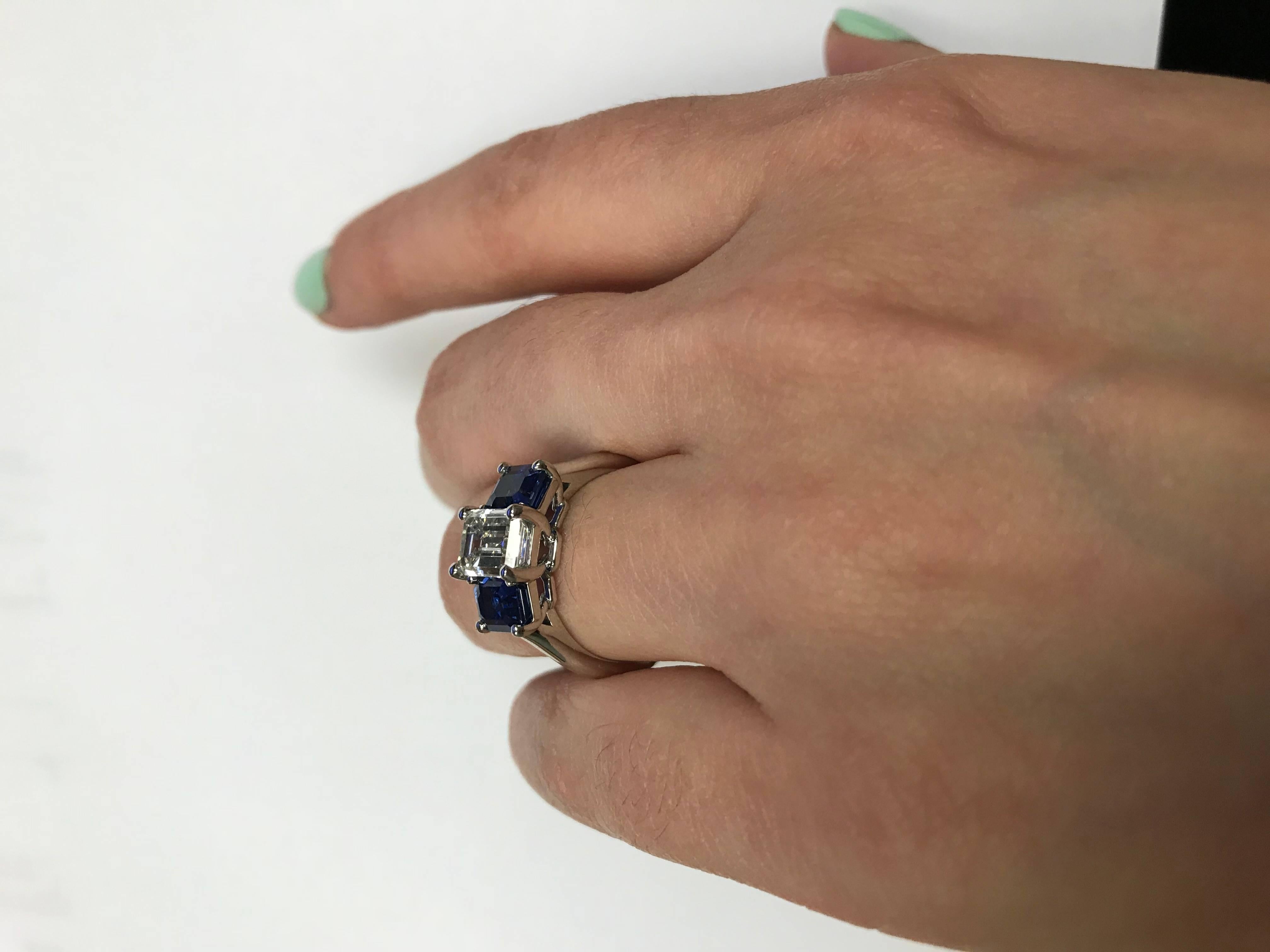1.55 Carat GIA Emerald Cut Diamond Side Sapphires Platinum Three-Stone Ring For Sale 2