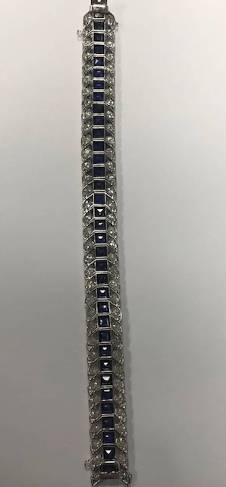 Art Deco Platinum Blue Sapphire Round Diamond Bracelet For Sale
