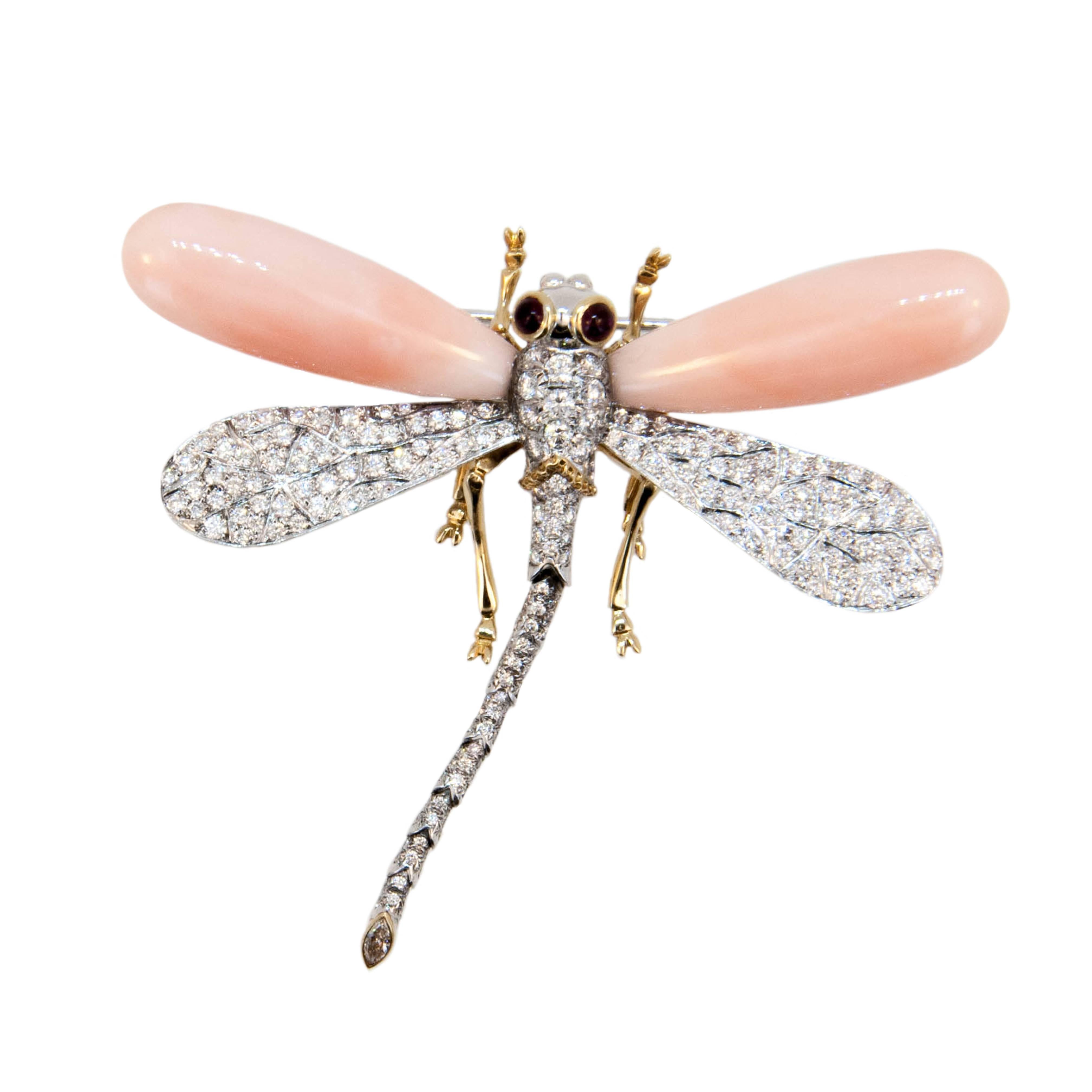 Laura Munder Coral Diamond Ruby Dragonfly Gold Brooch For Sale