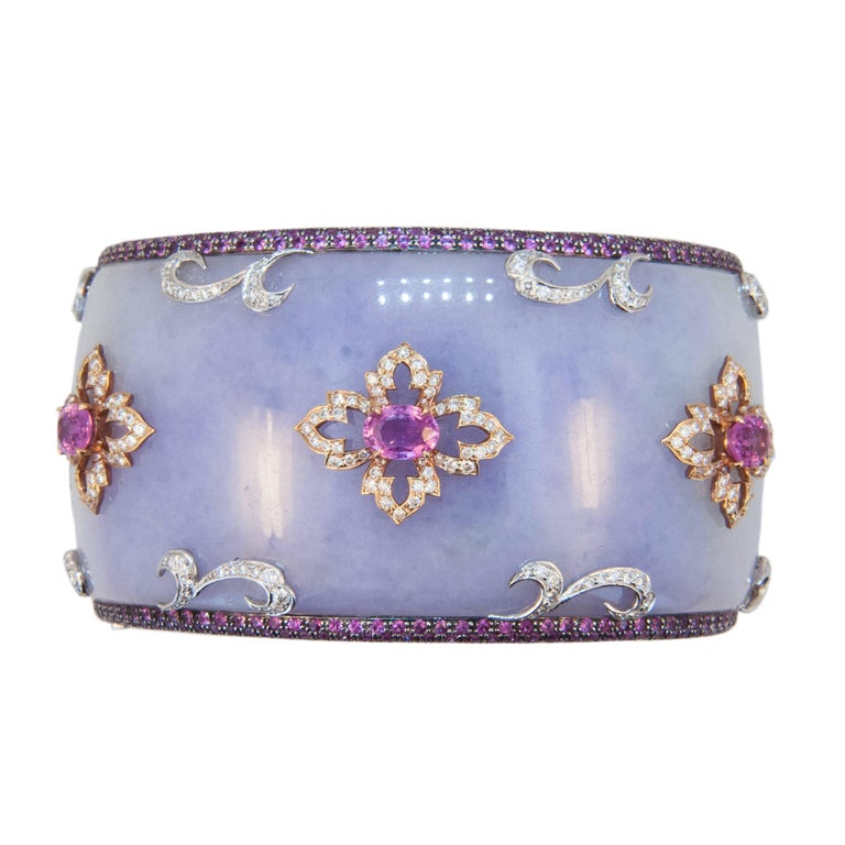 Laura Munder Lavender Jade Grenadill Wood Pink Sapphire Diamond Bangle Bracelet For Sale