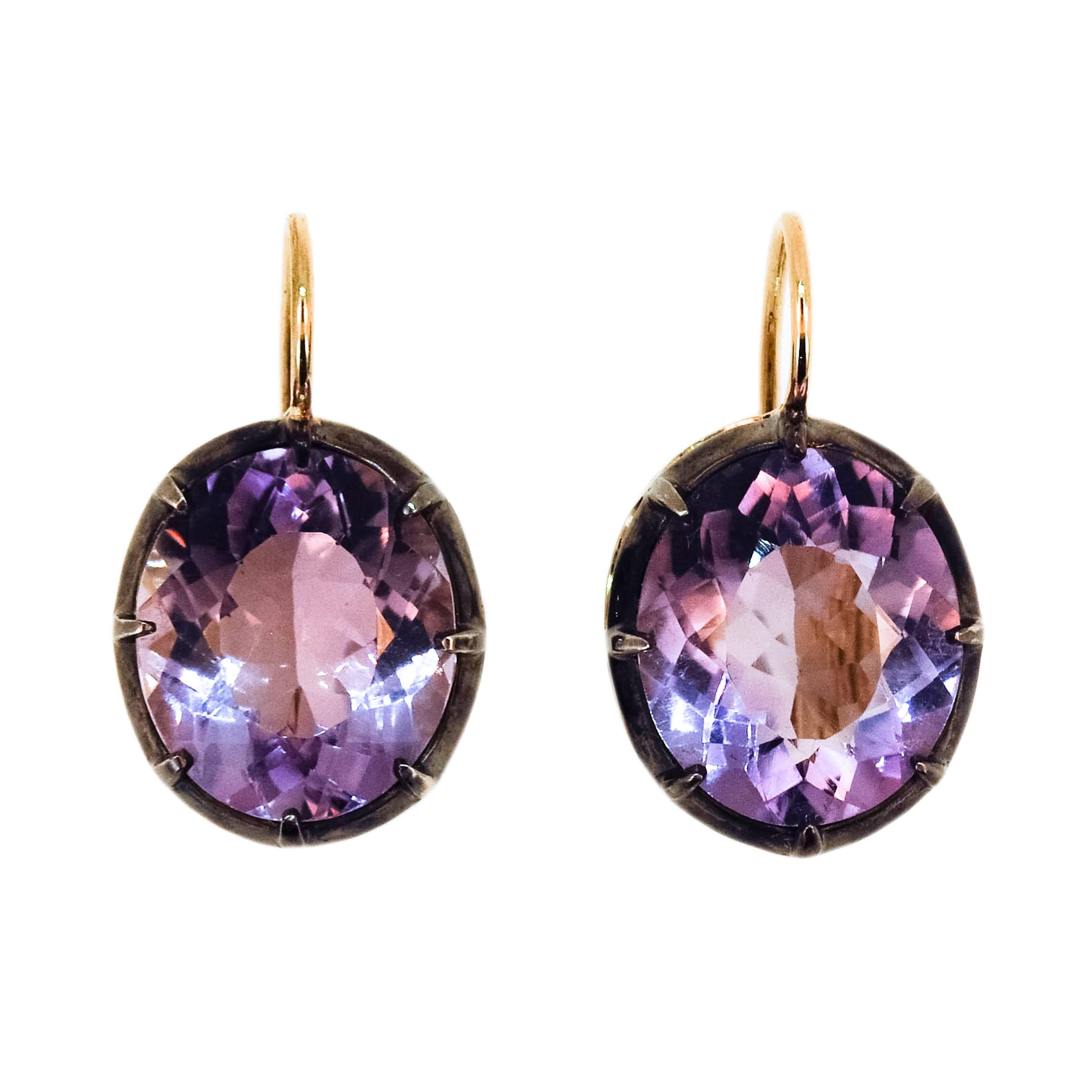 Laura Munder Amethyst Yellow Gold and Sterling Silver Leverback Earrings For Sale