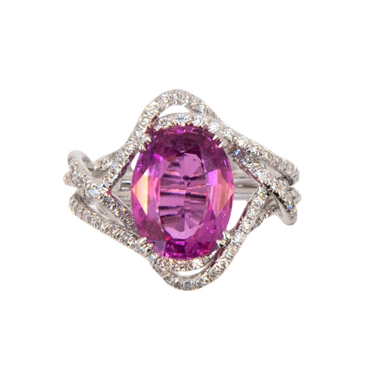 Laura Munder 5.28 Carat Oval Pink Sapphire Diamond White Gold Ring For Sale