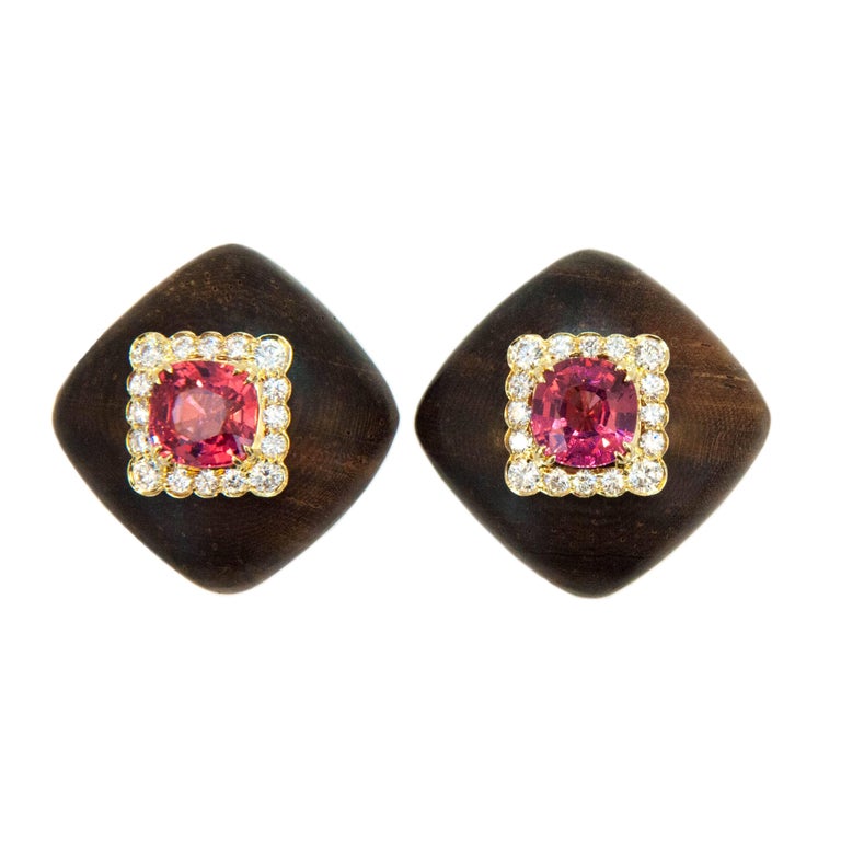 Laura Munder Pink Spinel Diamond and Wood Yellow Gold Earrings For Sale