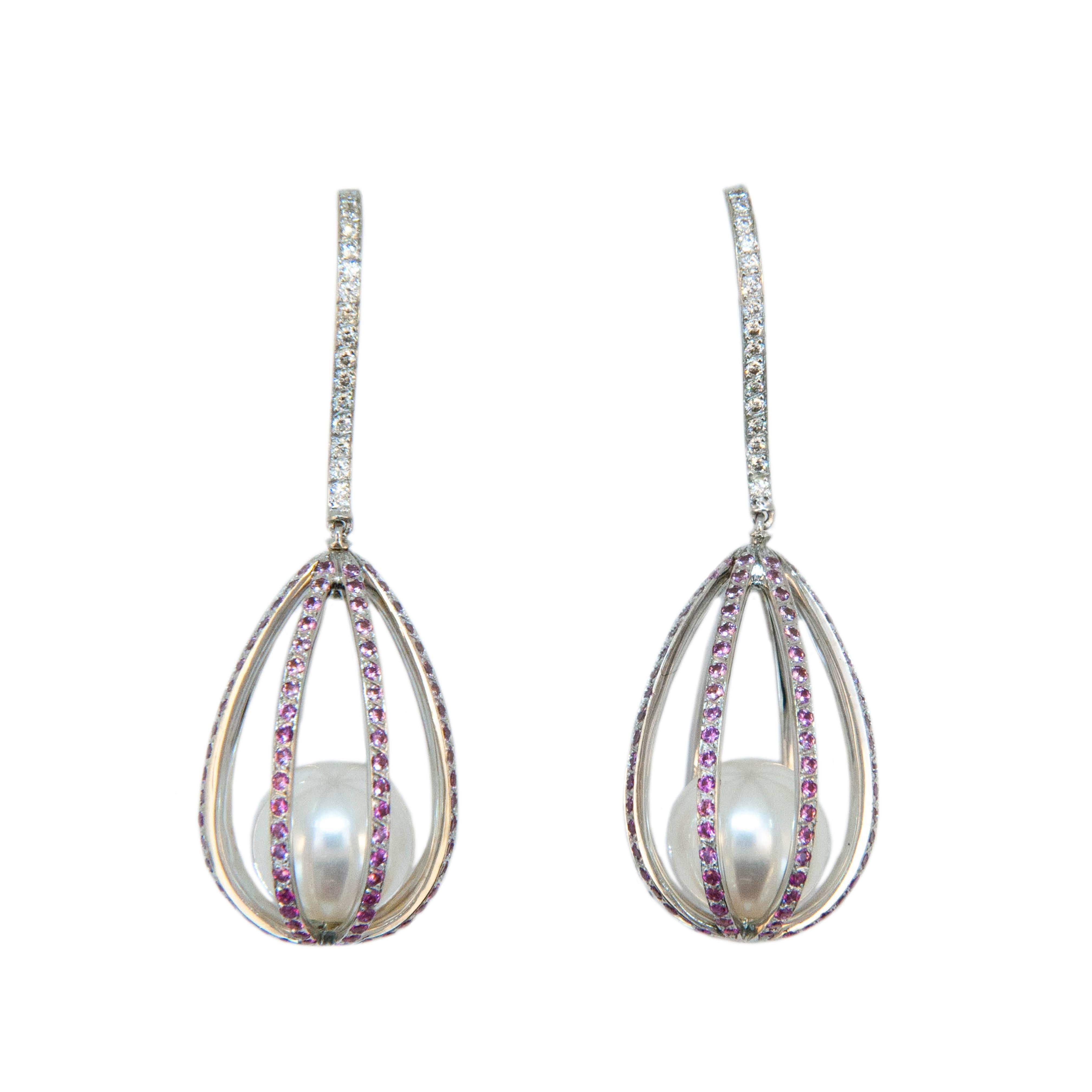 Laura Munder Pearl Pink Sapphire Diamond White Gold Dangle Earrings