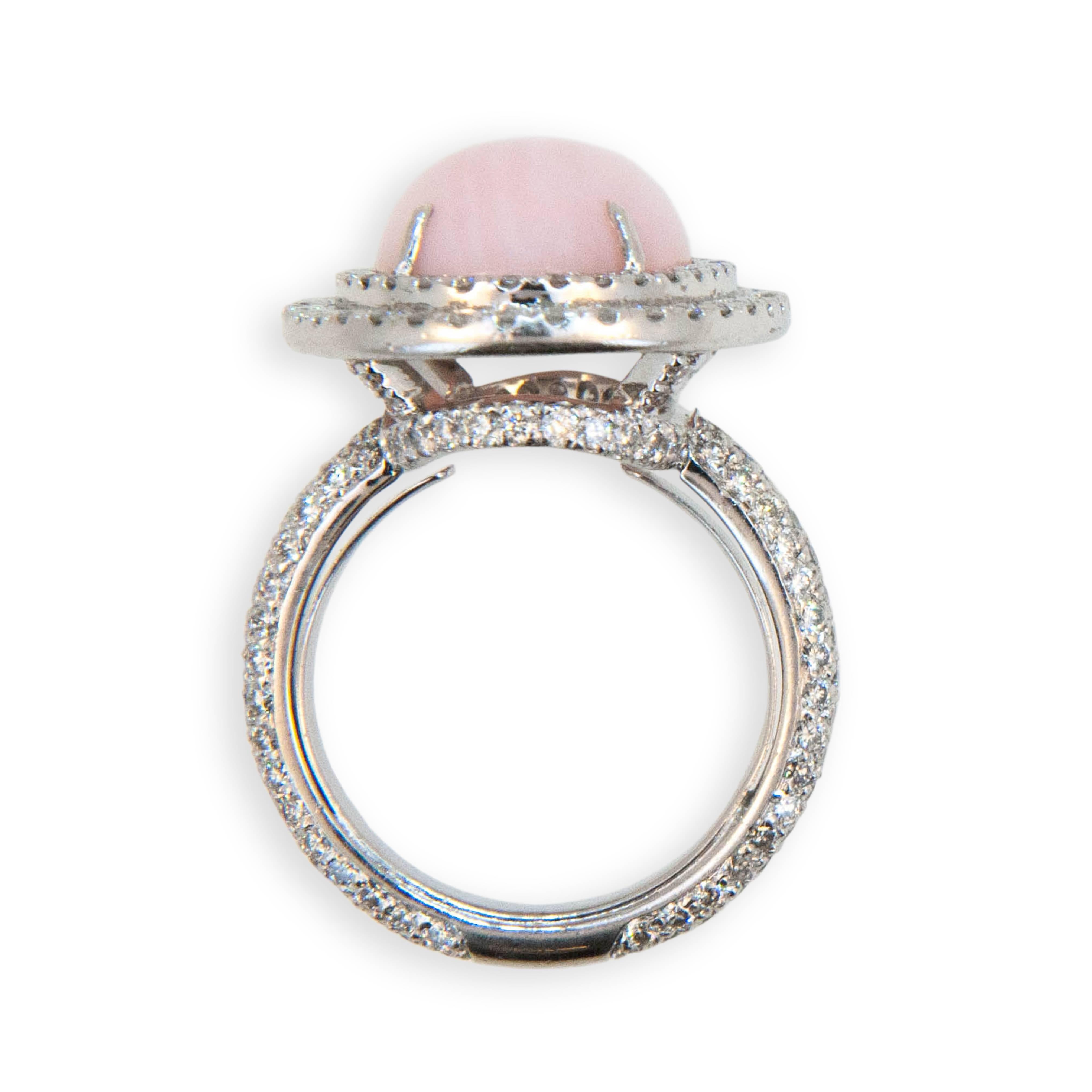 Cabochon Laura Munder Pink Opal Cabachon Diamond White Gold Ring For Sale