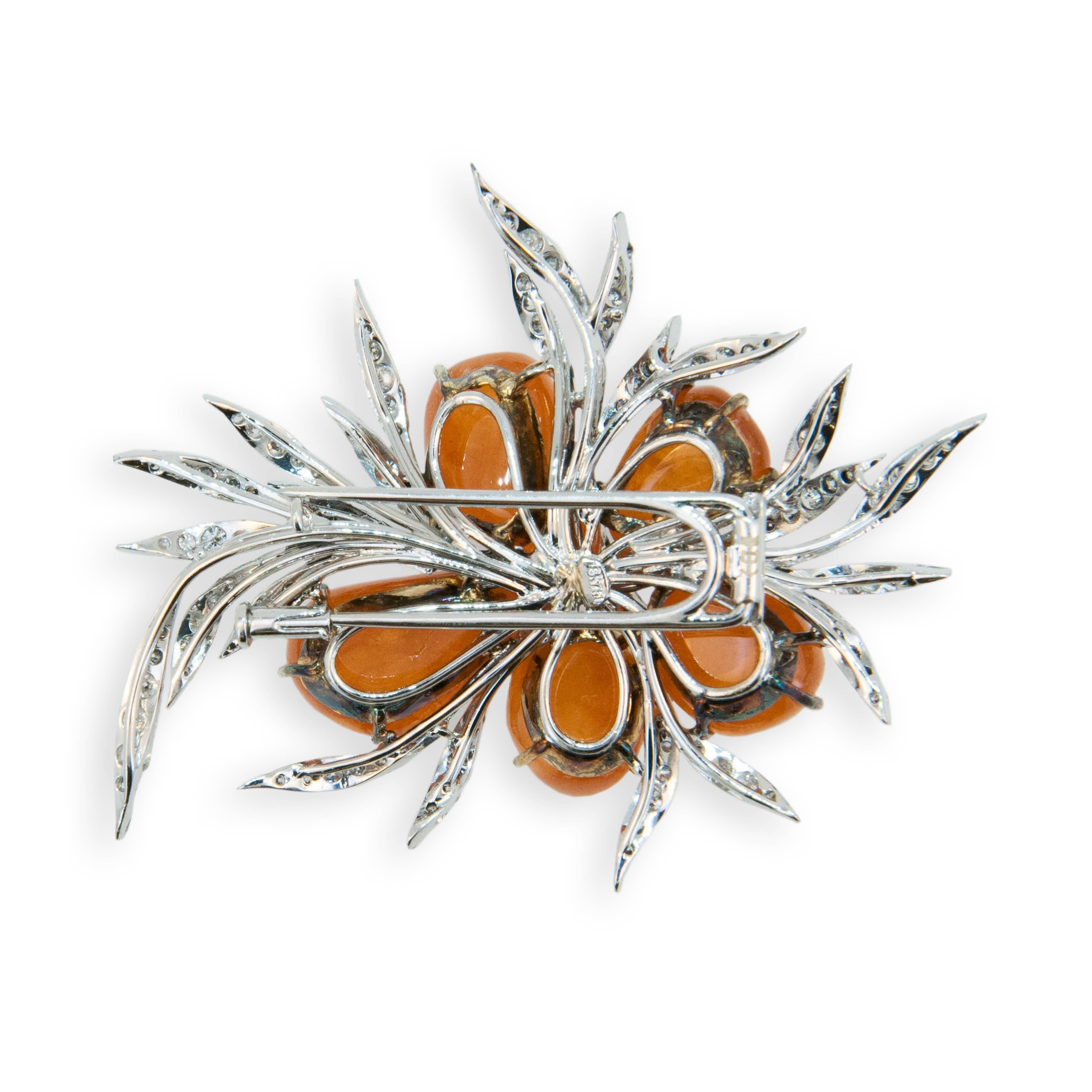 18K blackened yellow and white gold brooch with five cabachon Mandarin Garnets 70.57cts.twt and 141 round diamonds 3.32cts.twt