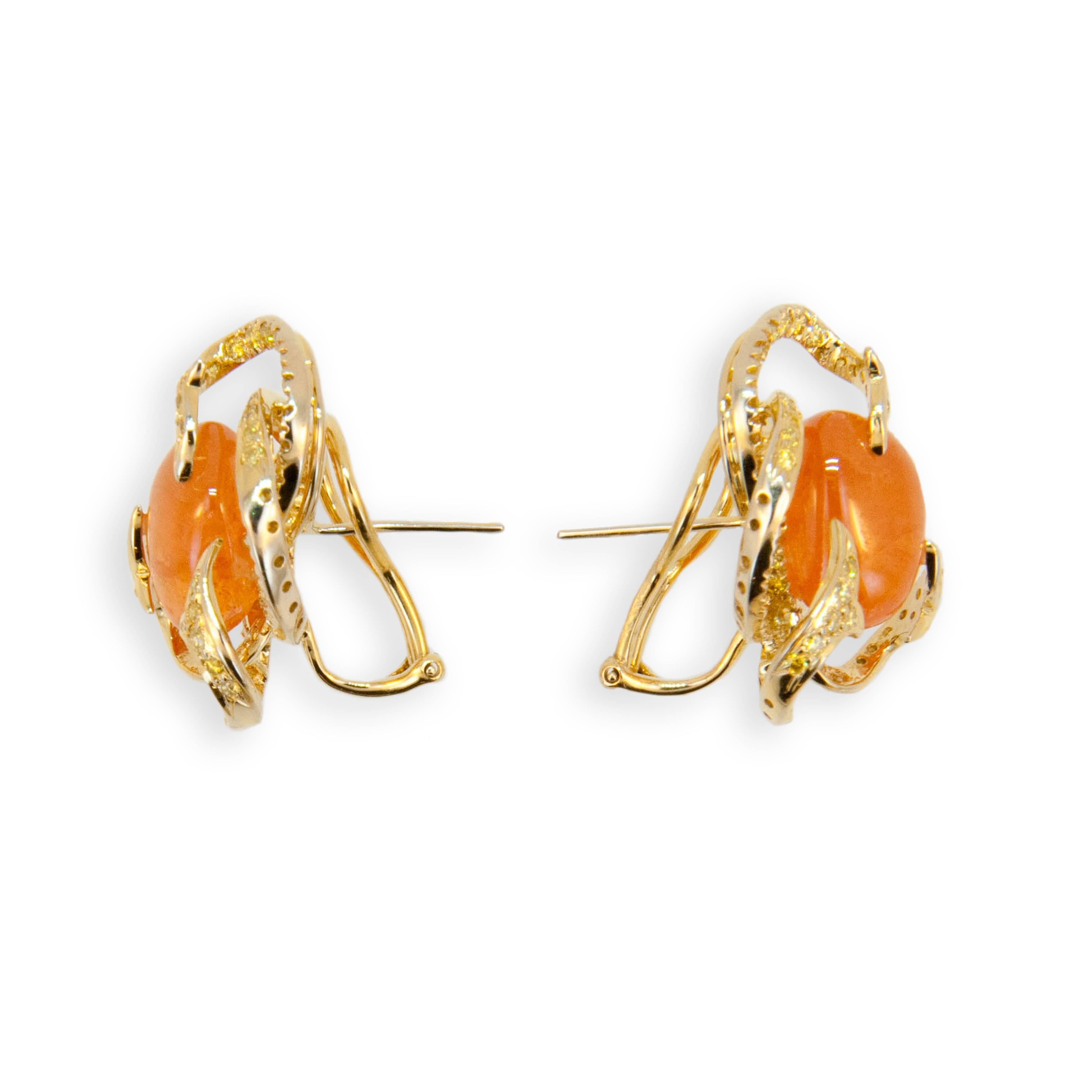 18 karat yellow gold earrings (2) Mandarin Garnets 29.52 carats. 141 round yellow diamonds 1.89 carats total weight.