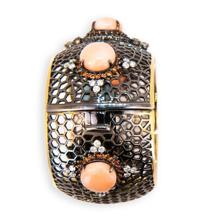 Women's Laura Munder Angel Skin Coral Orange Sapphire Diamond Blackened Gold Bracelet For Sale
