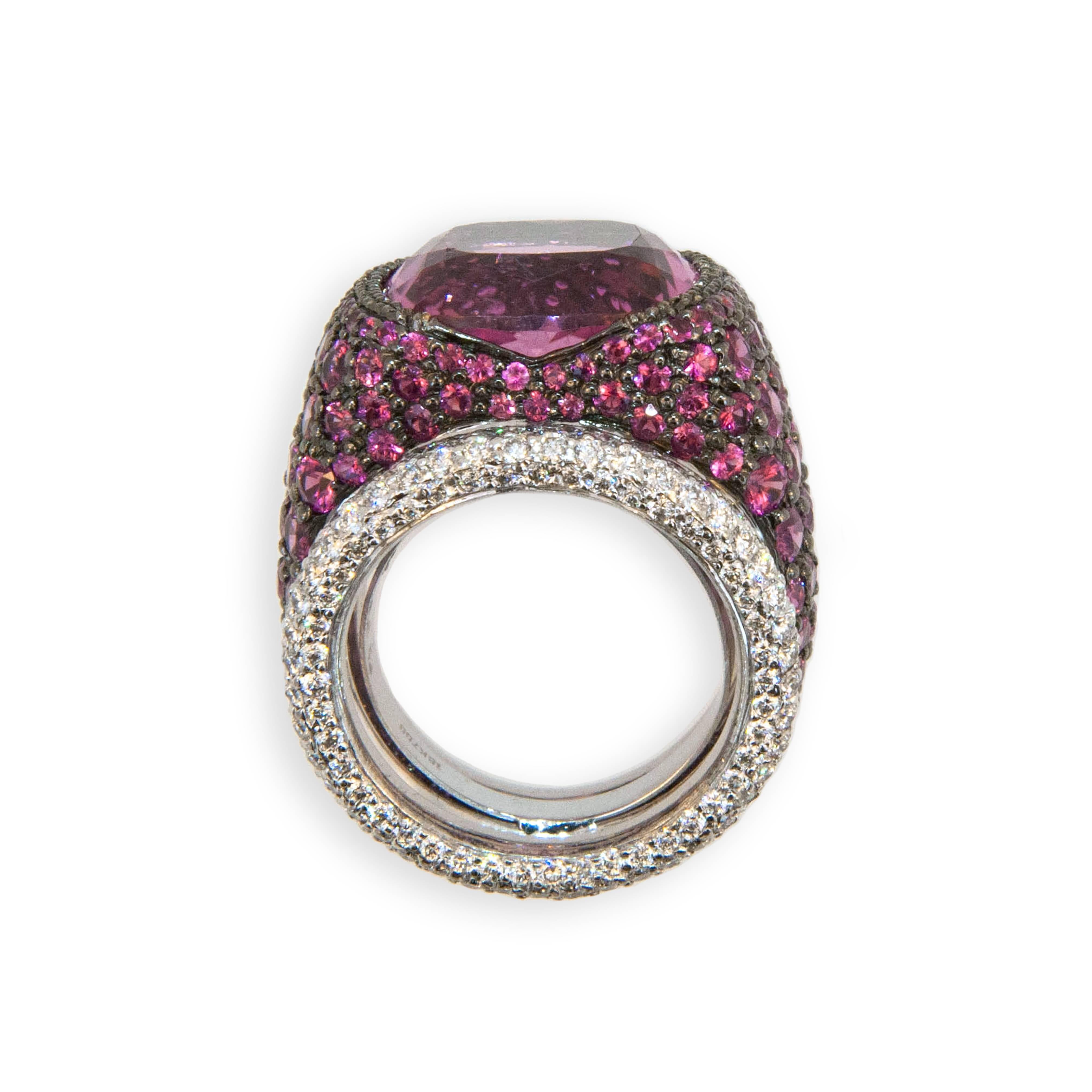 Cushion Cut Laura Munder Pink Tourmaline Pink Sapphire Diamond Blackened White Gold Ring