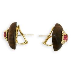 Laura Munder Pink Spinel Diamond and Wood Yellow Gold Earrings