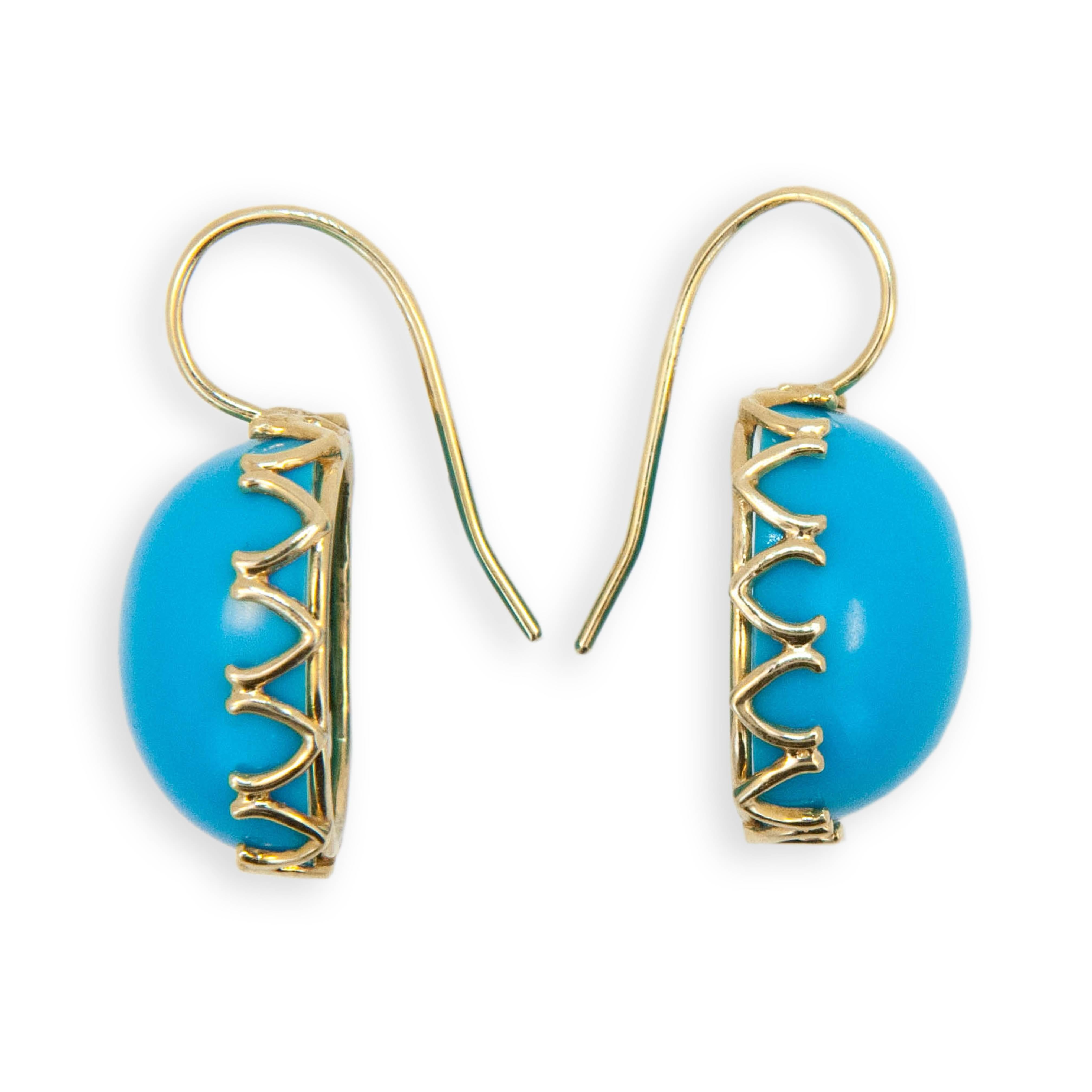 18 karat yellow gold earrings V scalloped bezel, each set with one cushion cabochon 16.5 x 14  mm Turquoise. Wires.