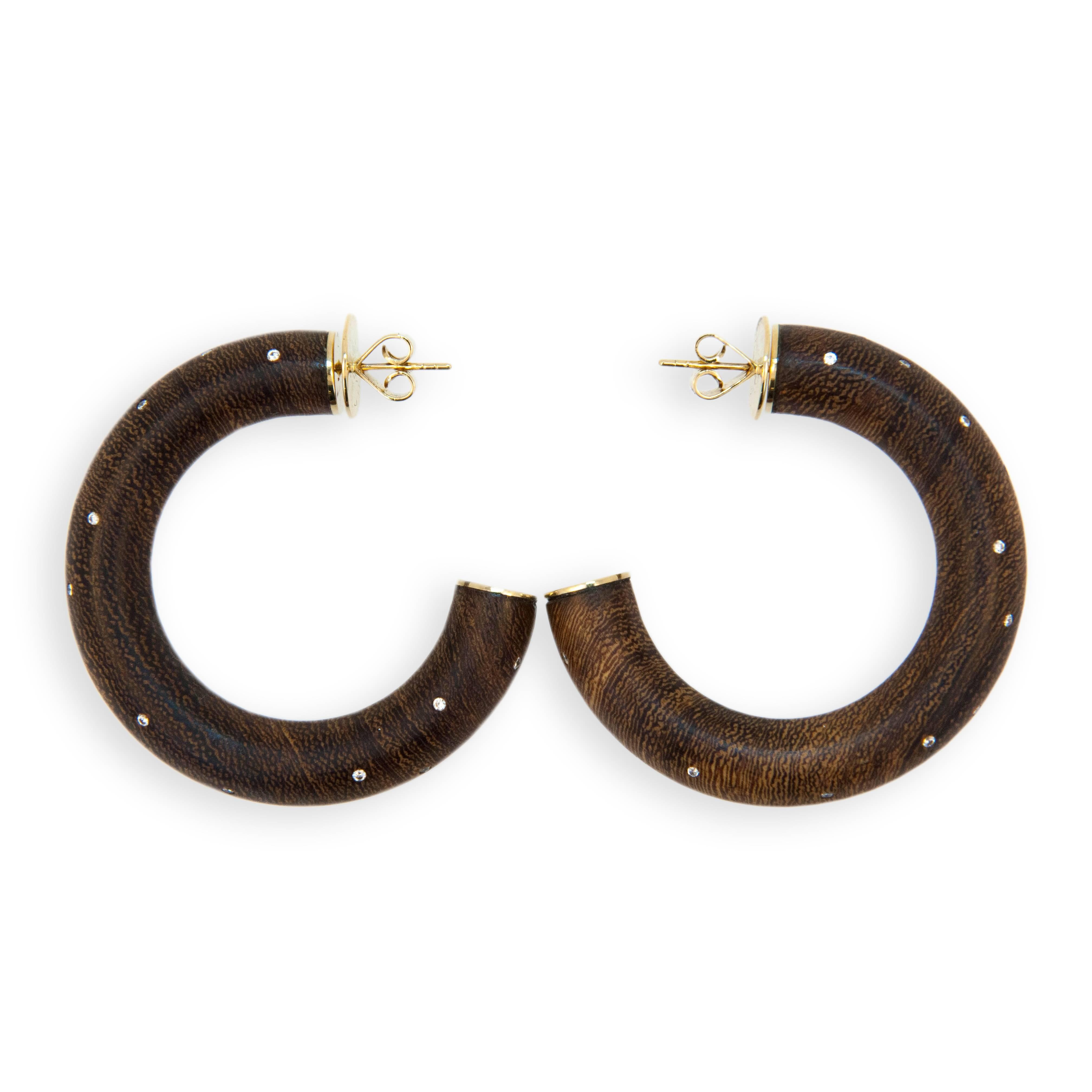 Uncut Laura Munder Wood Diamond Yellow Gold Hoop Earrings For Sale