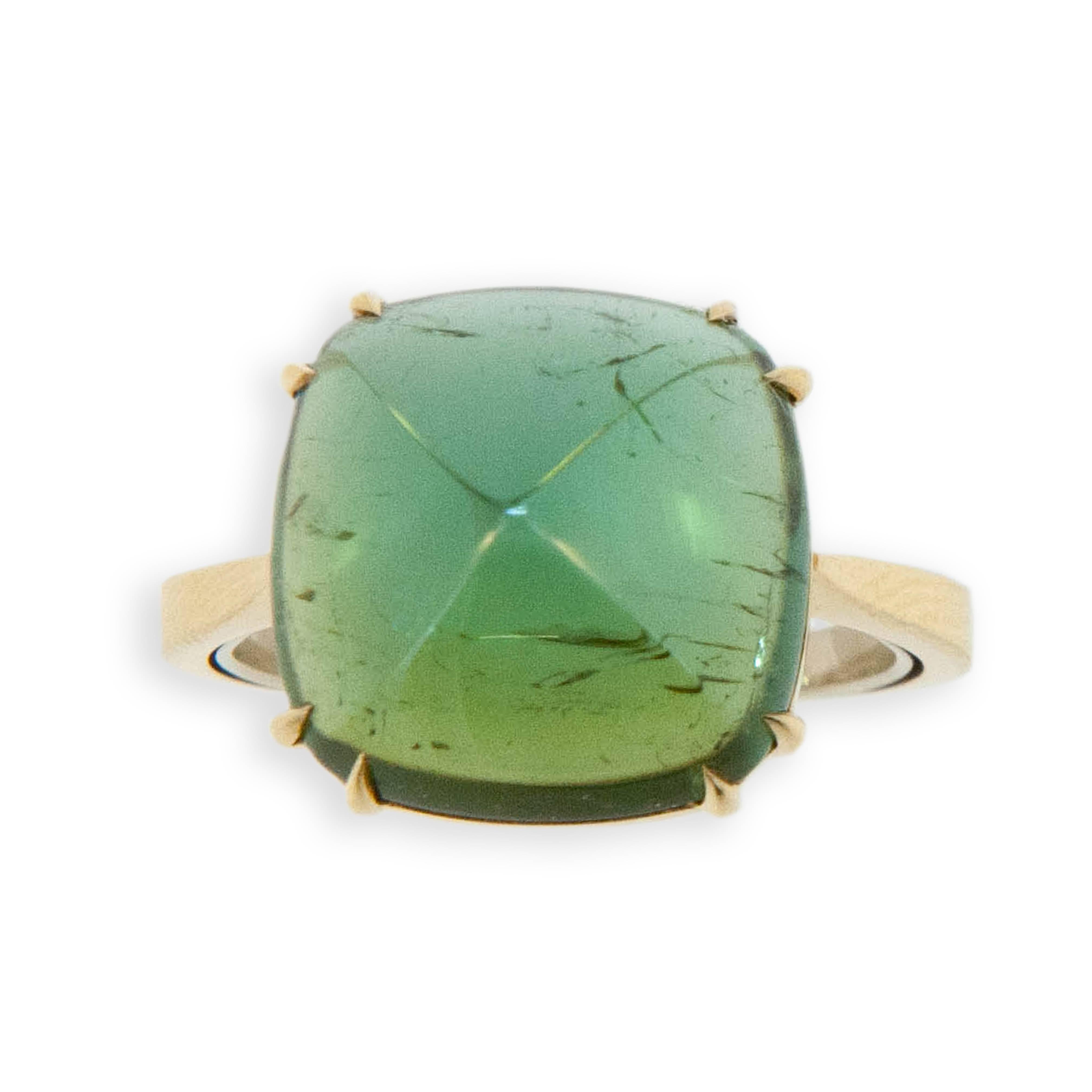 18 karat yellow gold ring set with one square cushion cut sugarloaf Green Tourmaline 8.96 carats. Double prongs. Ring is a size 6.5 with a horseshoe.