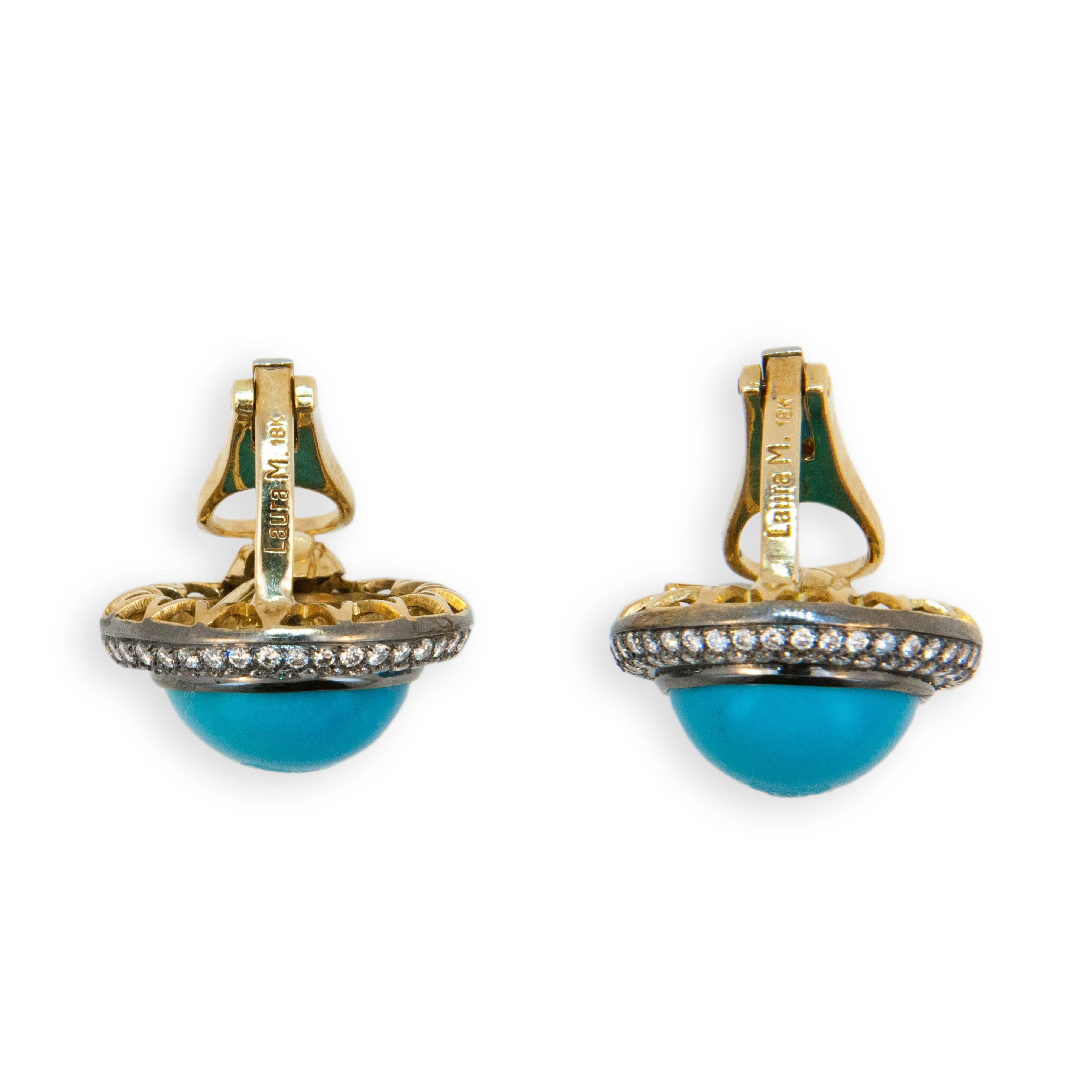 Women's Laura Munder Turquoise Diamond Blackened Yellow Gold Earrings For Sale