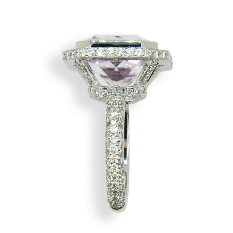 Octagon Cut Laura Munder Kunzite Diamond White Gold Ring For Sale