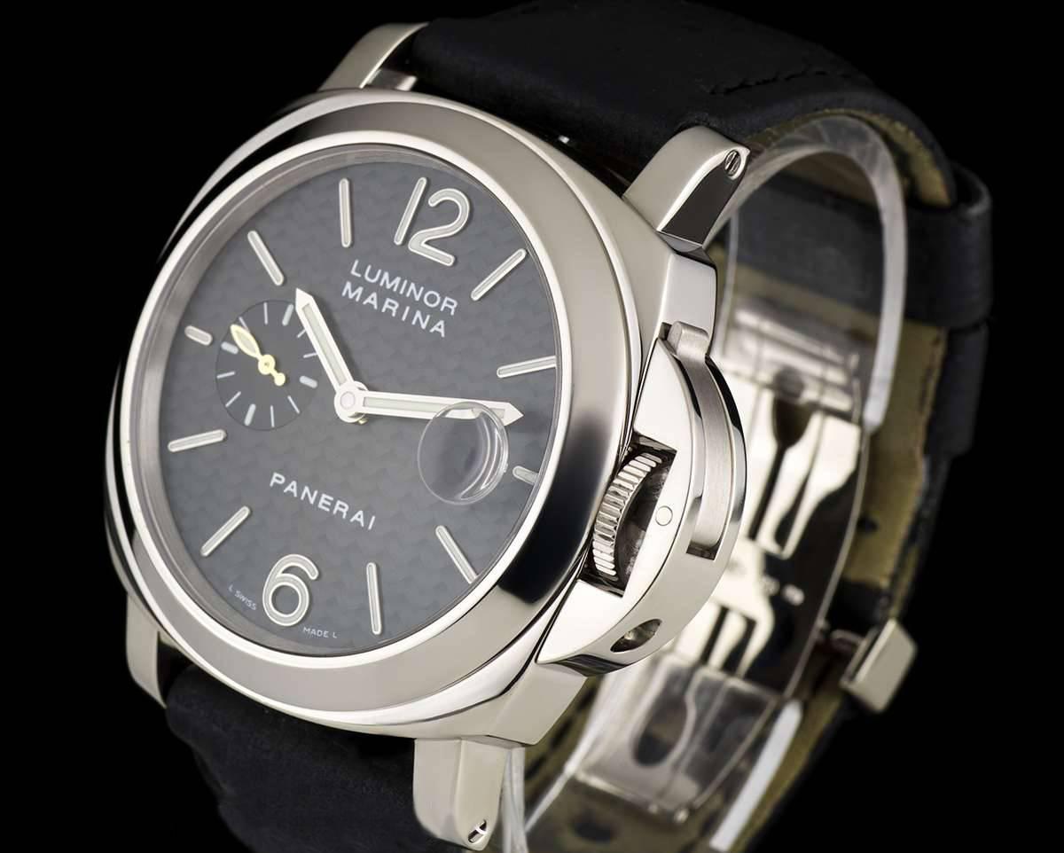 An 18k White Gold Luminor Marina Wristwatch PAM00180, black carbon fibre dial with applied index batons and arabic numbers 6 & 12, date at 3 0'clock, small seconds at 9 0'clock, an 18k white gold fixed polished bezel, an original black leather