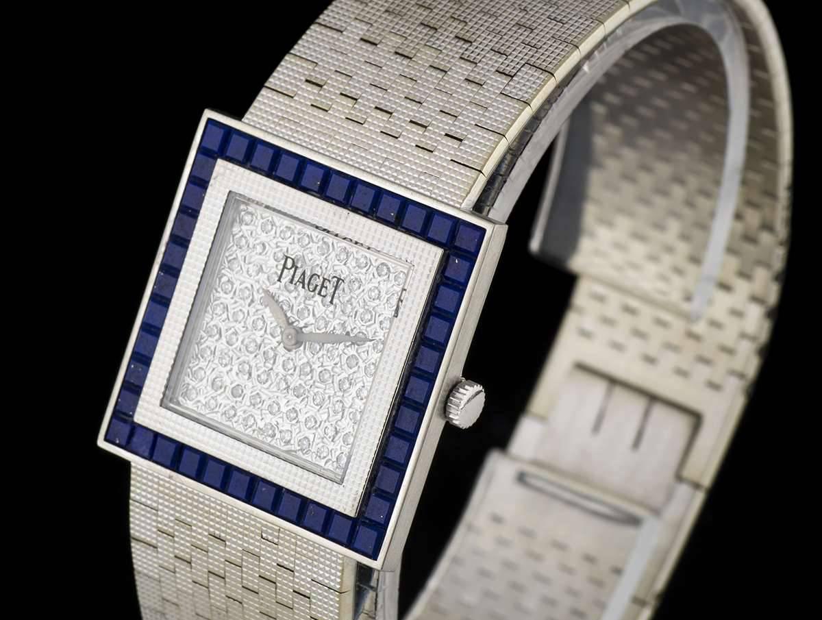 Piaget Ladies White Gold Pave Diamond Dial Lapis Lazuli Bezel Wristwatch In Excellent Condition In London, GB