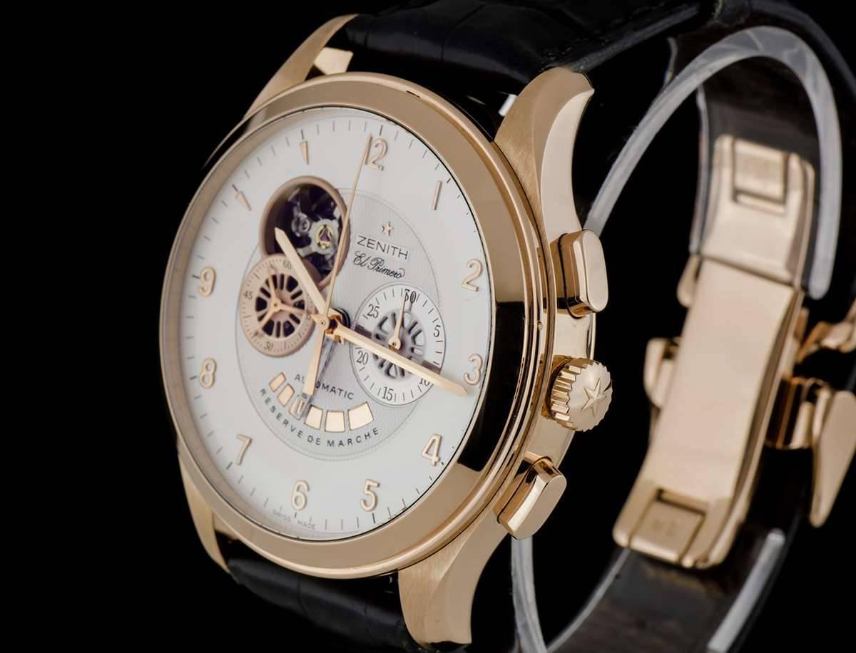 
An 18k Rose Gold Grande Class Open XXT El Primero Gents Wristwatch 18.0520.4021/01, silvered dialed with applied 18k rose gold arabic numbers, 30 minute recorder at 3 0'clock, power reserve display at 6 0'clock, small seconds at 9 0'clock, open