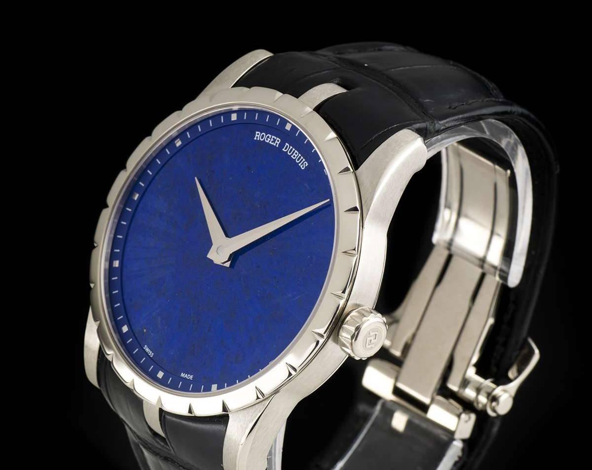 A White Gold Excalibur Limited Edition Gents Wristwatch, lapis lazuli dial with roman numerals and applied hour markers, a fixed white gold bezel, an original black leather strap with an original white gold deployant clasp, sapphire glass, automatic