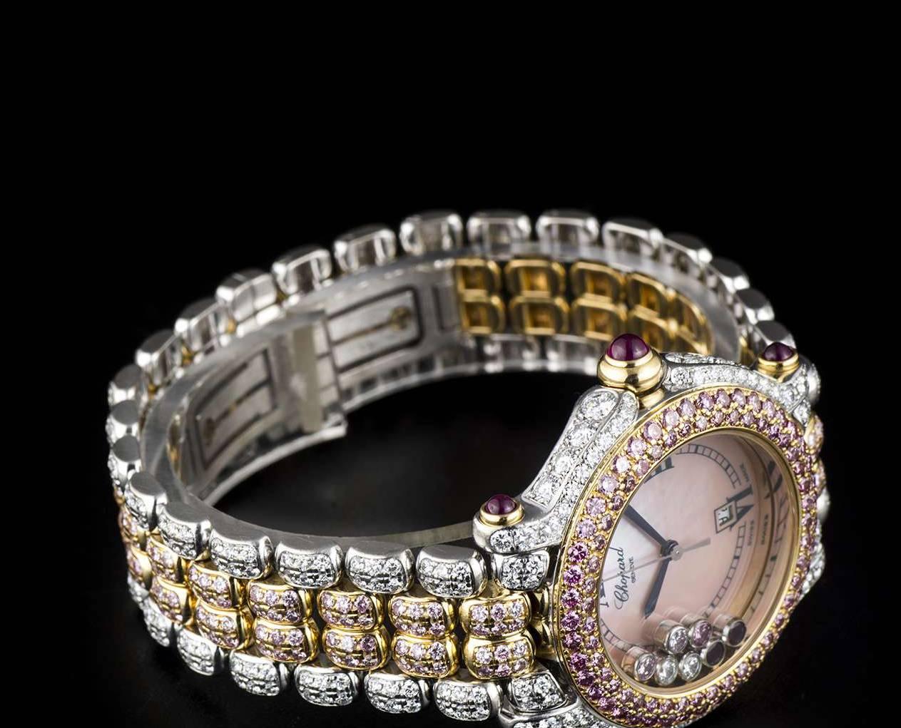 Chopard Ladies Yellow White Gold Fully Loaded Diamond Pink Diamond Wristwatch In Excellent Condition In London, GB