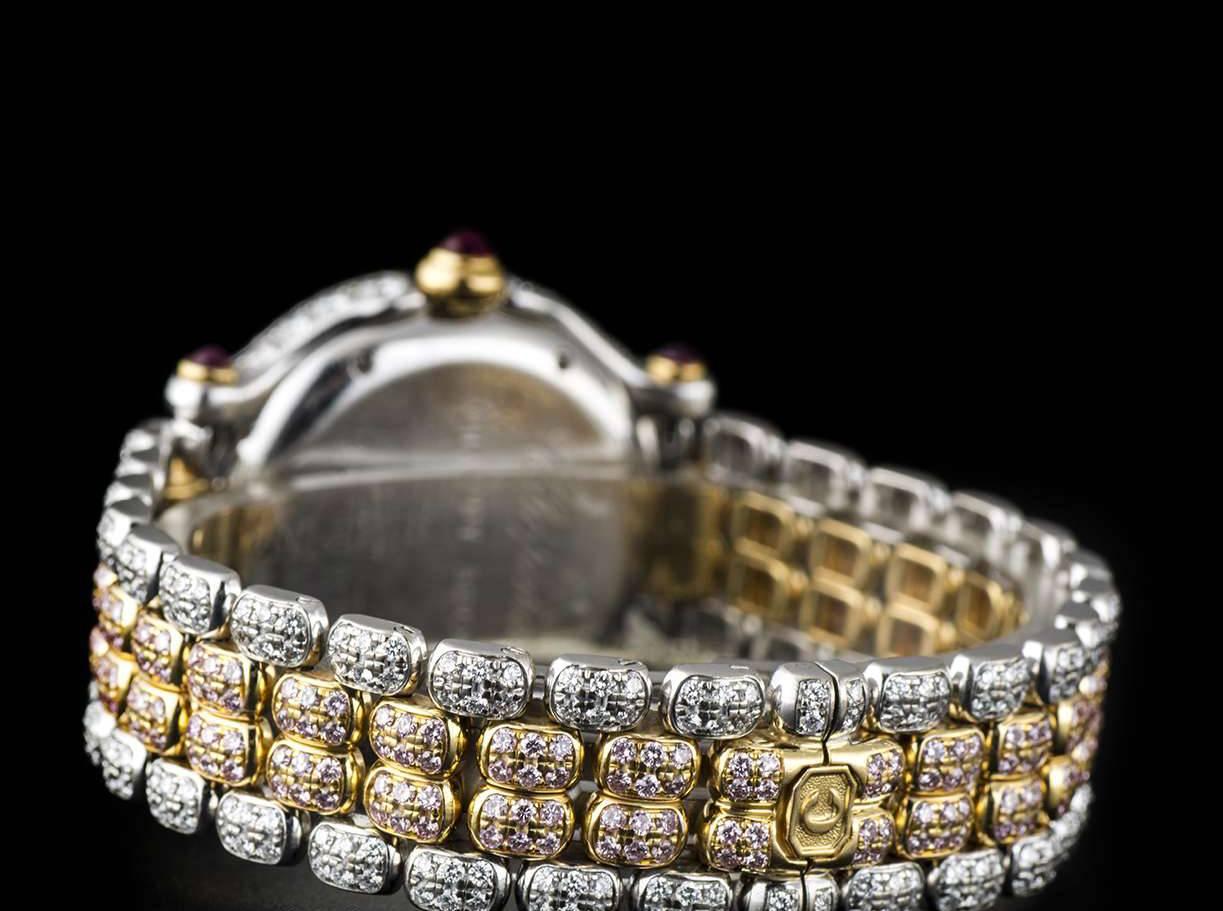 Women's Chopard Ladies Yellow White Gold Fully Loaded Diamond Pink Diamond Wristwatch
