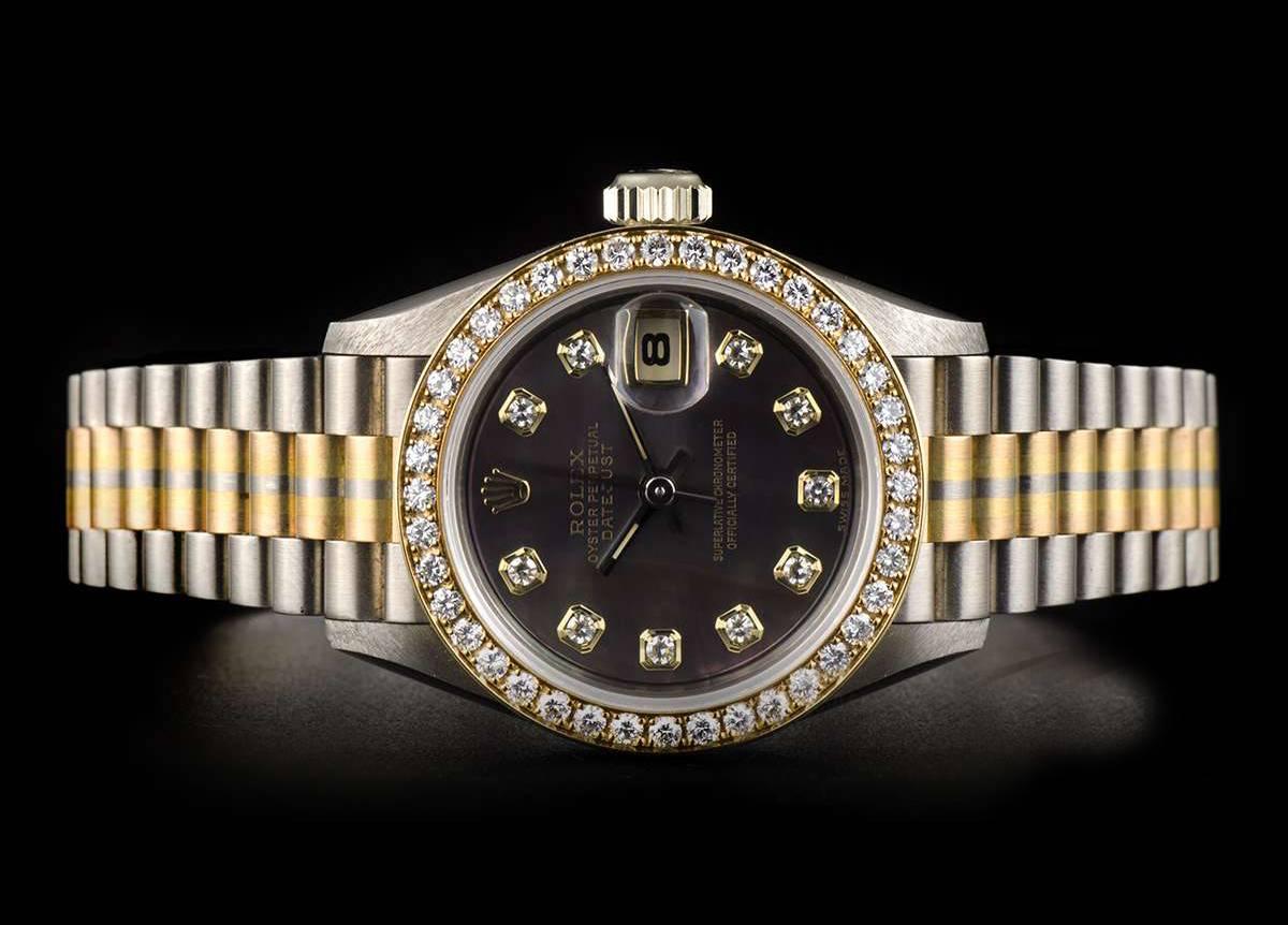 Rolex Ladies Tridor Diamond Set Black Mother-of-Pearl Dial Wristwatch Ref 69139 In New Condition In London, GB