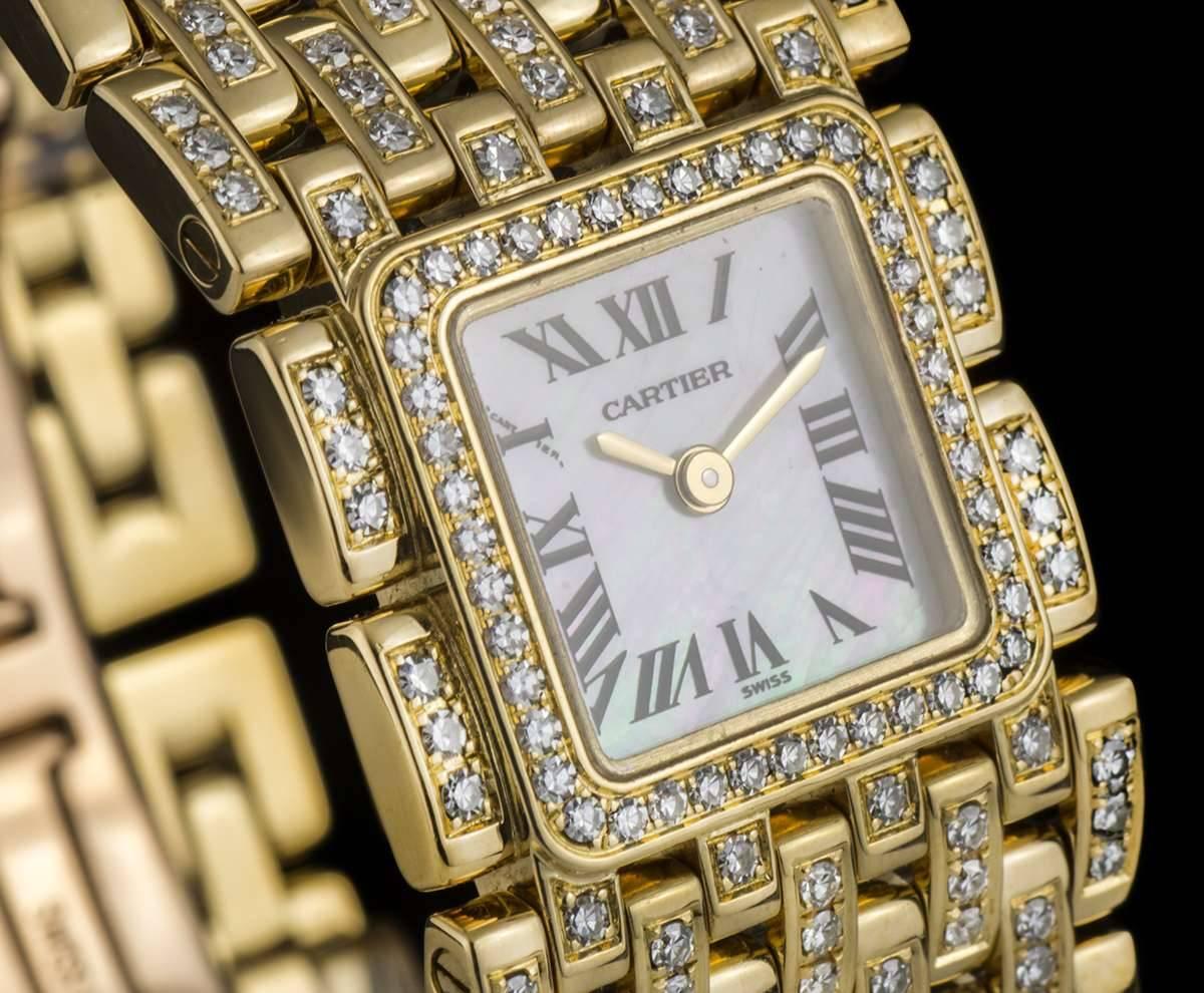 An 18k Yellow Gold Panthere Ruban Diamond Set Ladies Wristwatch, mother of pearl dial with roman numerals and a secret signature at "X", a fixed 18k yellow gold bezel set with approximately 44 round brilliant cut diamonds, 18k yellow gold