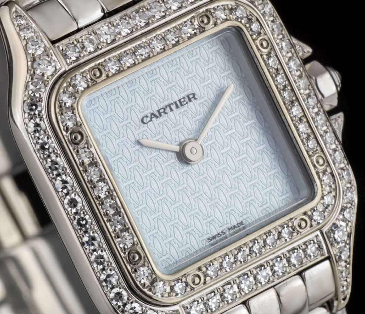 Cartier White Gold Diamond Set Panthere Blue Enamel Logo Dial Quartz Wristwatch  In Excellent Condition In London, GB