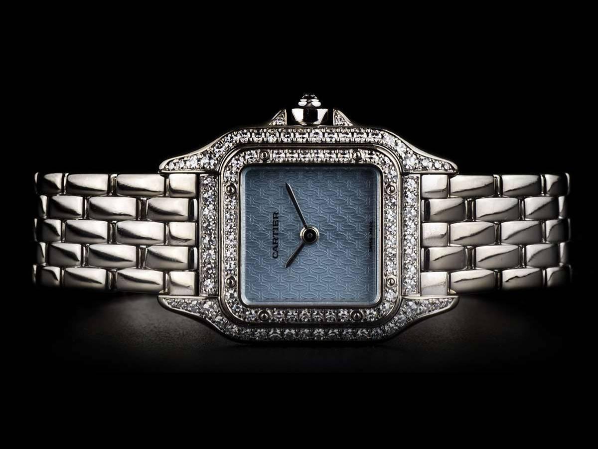 Women's Cartier White Gold Diamond Set Panthere Blue Enamel Logo Dial Quartz Wristwatch 