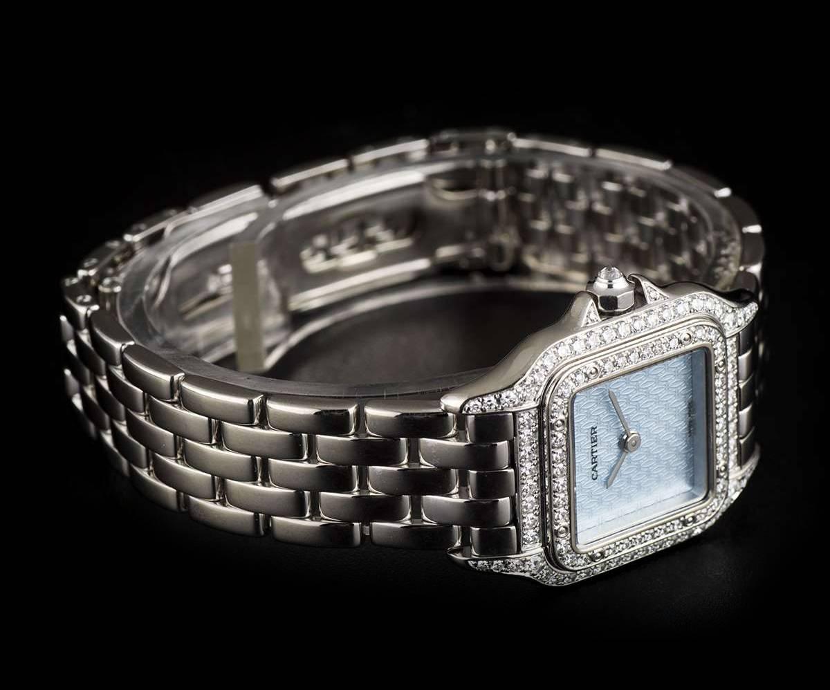 Cartier White Gold Diamond Set Panthere Blue Enamel Logo Dial Quartz Wristwatch  1
