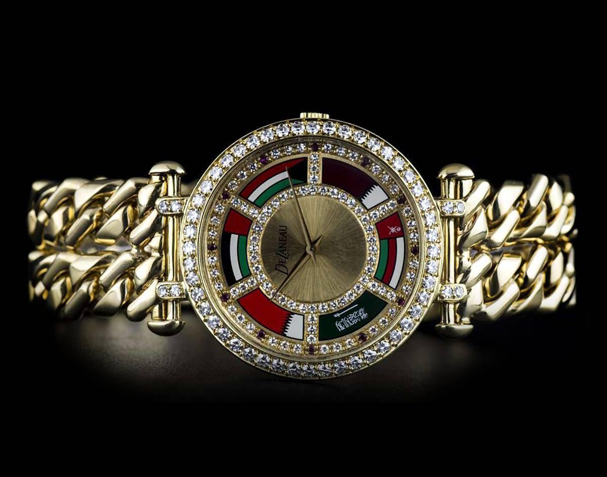 Men's DeLaneau Yellow Gold Diamond Ruby Dial Middle Eastern Flags quartz Wristwatch