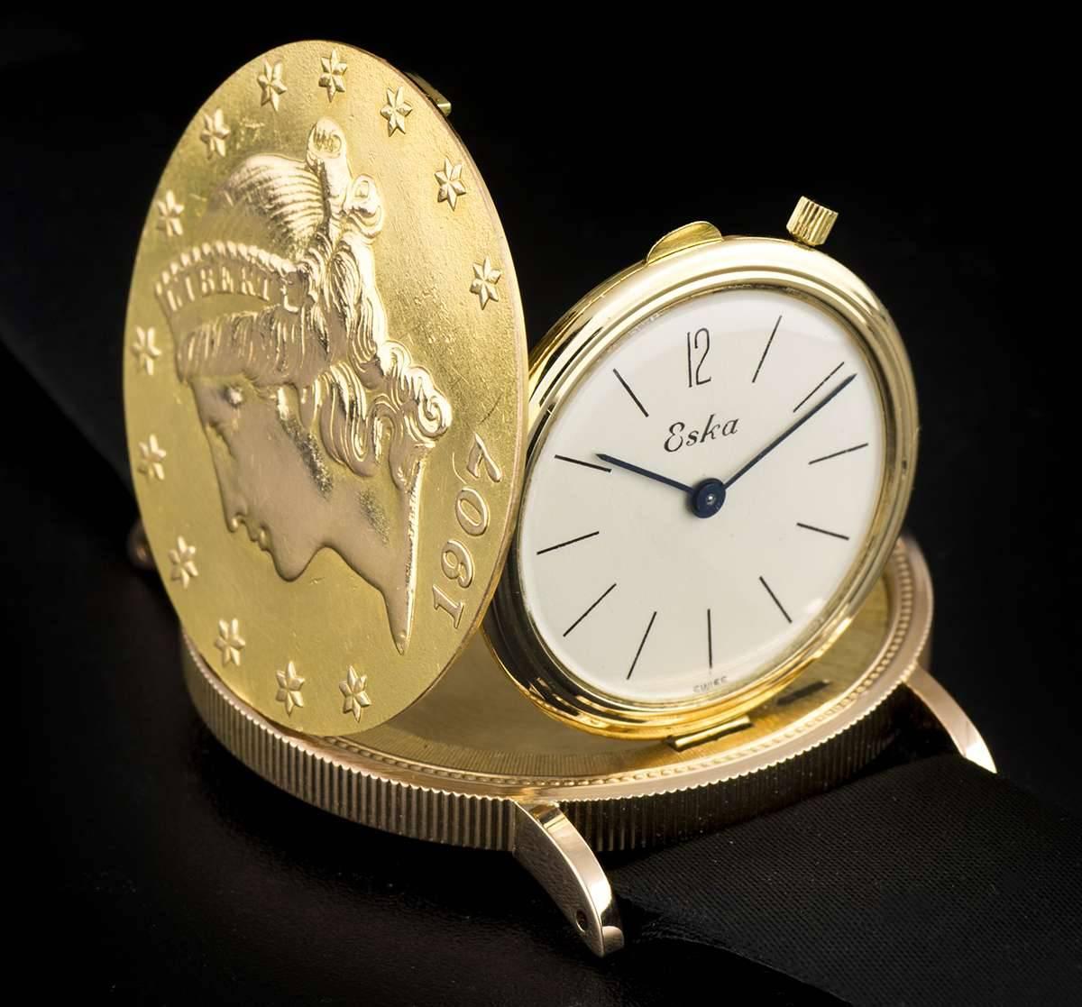 Eska yellow gold Vintage 20 Dollar Coin manual Wristwatch In Excellent Condition In London, GB