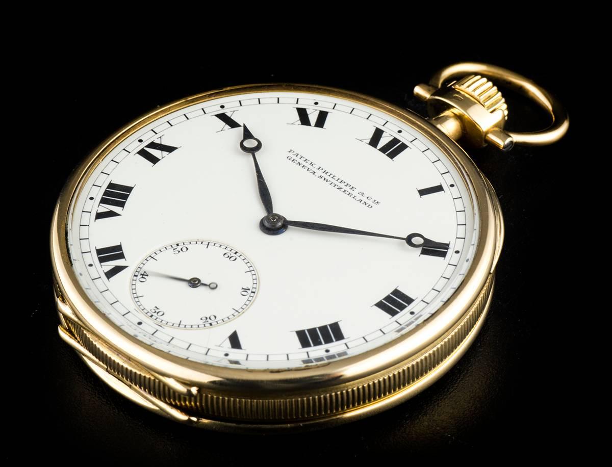 Patek Philippe Yellow Gold Open Face White Roman Dial Pocket Watch In Excellent Condition In Mayfair, London, London