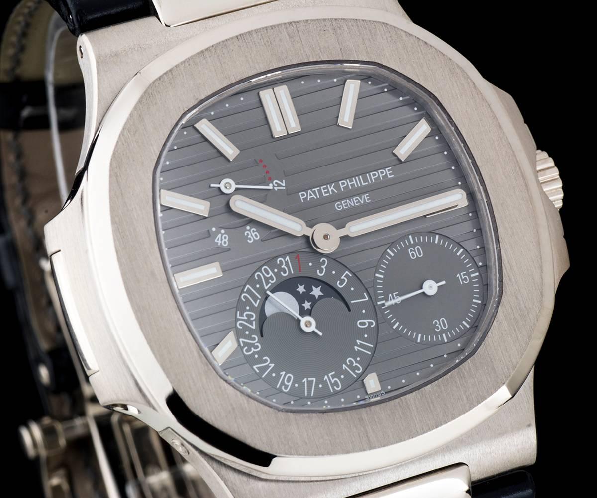 Patek Philippe White Gold Power Reserve Moonphase Nautilus automatic wristwatch  In Excellent Condition In London, GB