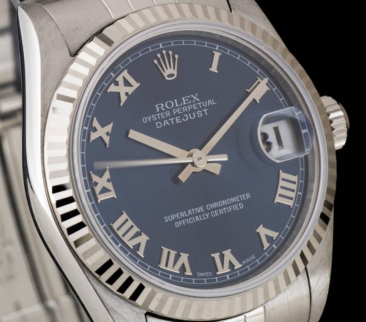 Rolex Stainless Steel Datejust Mid-Size Blue Roman Dial automatic Wristwatch In Excellent Condition In London, GB