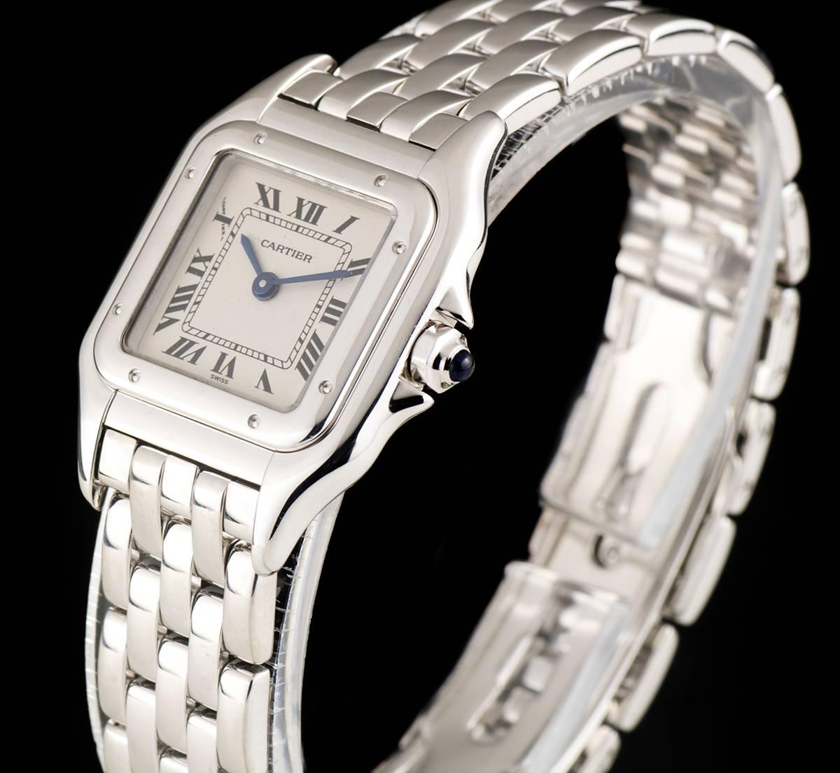 An 18k White Gold Panthere Ladies Wristwatch, silvered dial with roman numerals and a secret signature at "X", blued steel sword shaped hands, a fixed 18k white gold bezel, an 18k white gold bracelet with a concealed 18k white gold double