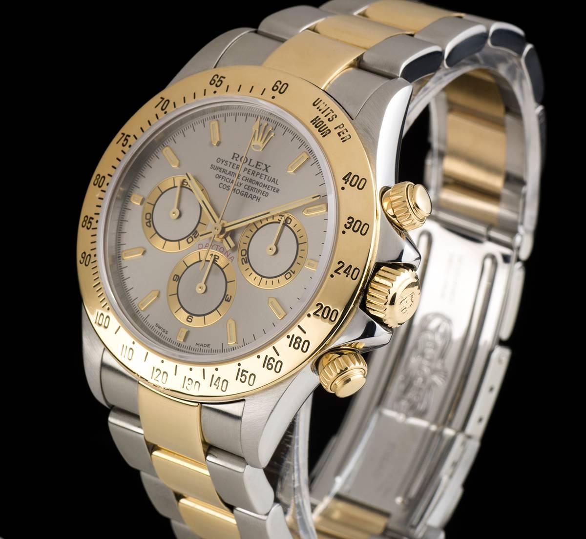 A Stainless Steel and 18k  Zenith Movement Cosmograph Daytona Gents Wristwatch, slate grey dial with applied hour markers, 30 minute recorder at 3 0'clock, 12 hour recorder at 6 0'clock, small seconds at 9 0'clock, a fixed 18k yellow gold tachymetre